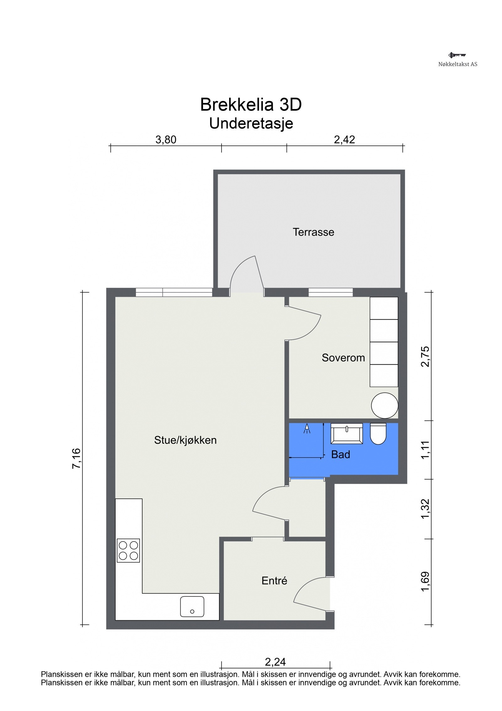 1. Etasje (40 kvm): Entré med skyvedørsgarderobe, åpen kjøkken- og stueløsning med utgang til markterrasse, soverom og baderom. Galleribilde