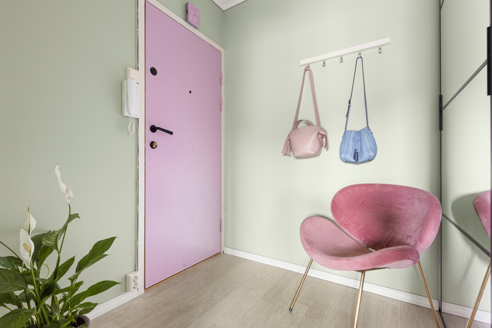 Dør-callinganlegg. Entré og ytterdør er malt i friske farger. Galleribilde