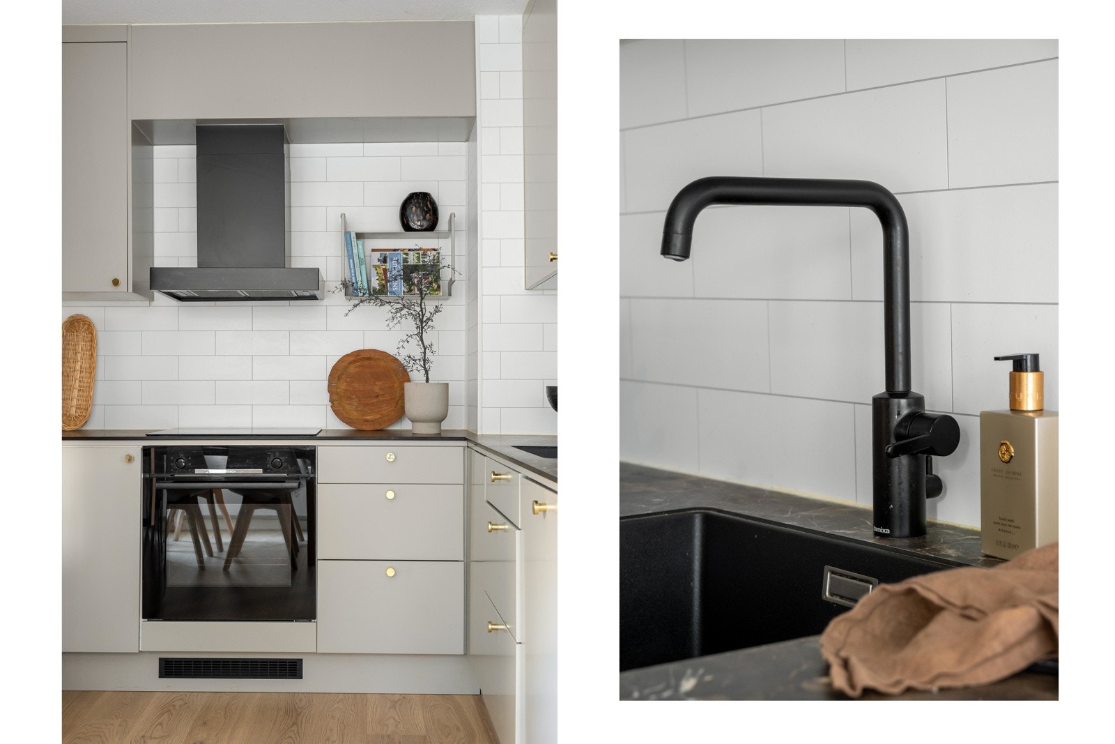Ellers består kjøkkeninnredning av glatte fronter med knotter, kompaktlaminat benkeplater, kum med blandebatteri, samt plass til frittstående kjøleskap. Galleribilde