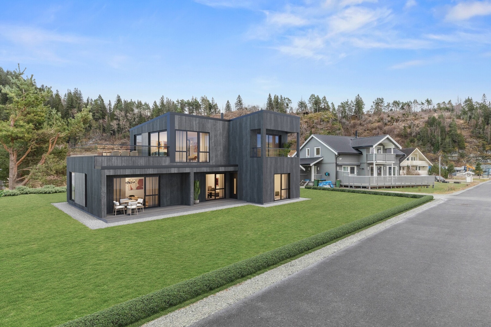 Eksempel på hus som er tegnet av illustratør er kun ment som inspirasjon. Avvik fra byggetillatelse vil kunne forekomme. Bebyggelsen er ikke omsøkt og det foreligger ingen garanti for at denne vil bli godkjent. Galleribilde