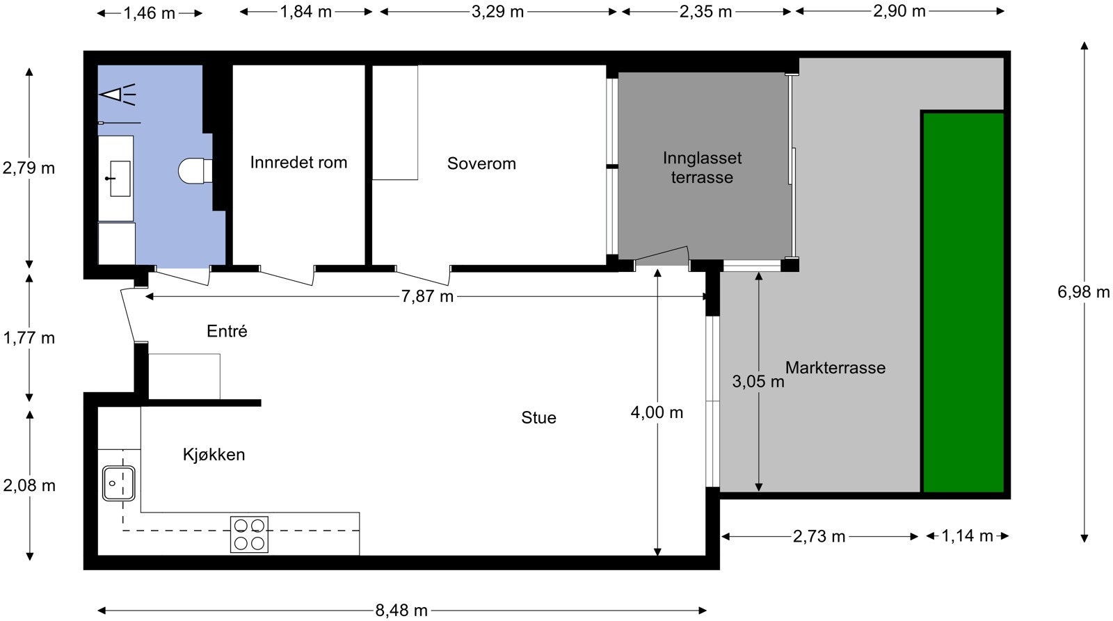 - Målsatt planskisse fra takstmann med beskrivelse av leiligheten - Galleribilde