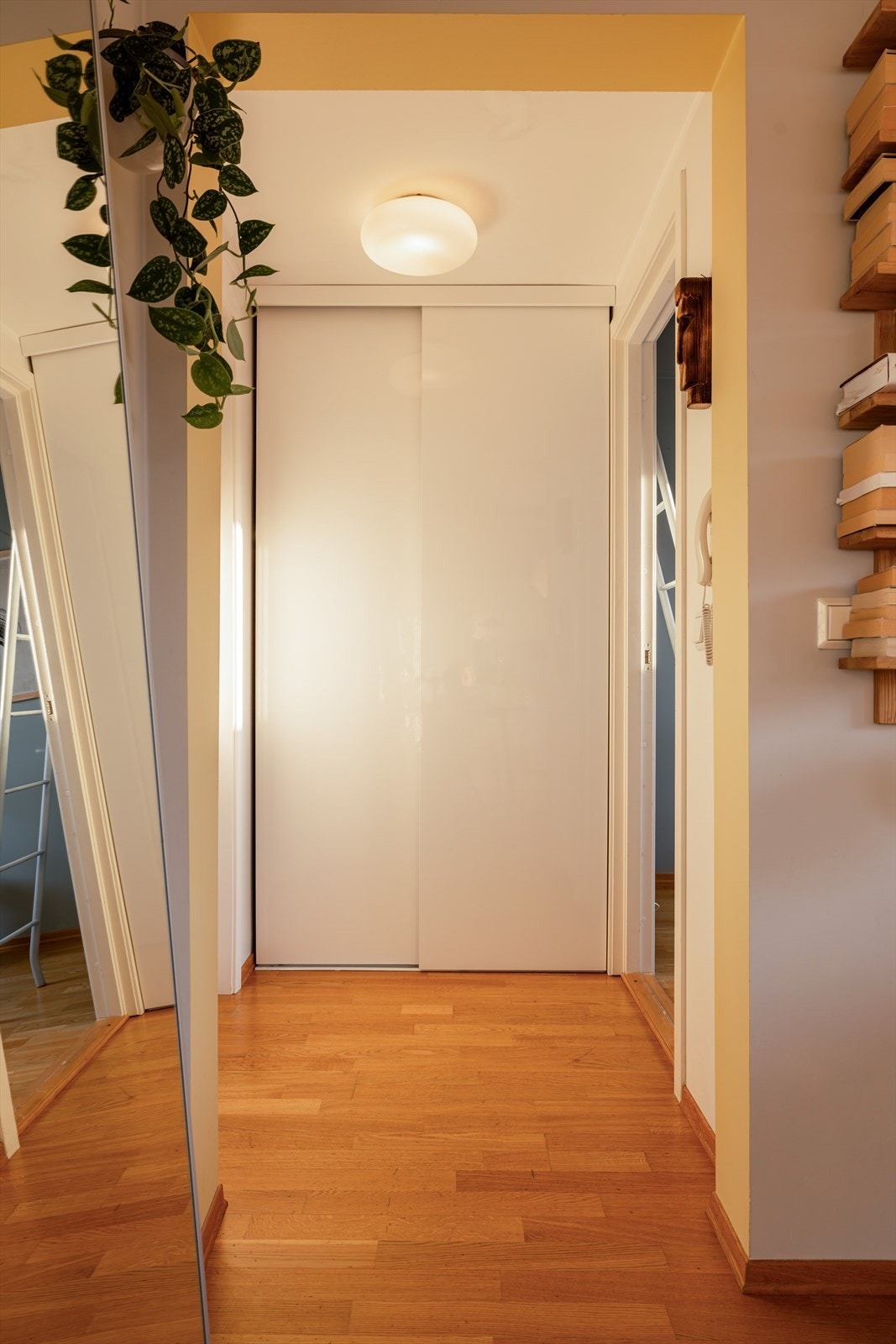 Entréen gir et varmt velkommen med enkel tilgang til garderobe for oppbevaring av yttertøy og sko. Den åpne og ryddige gangen gir et positivt førsteinntrykk av boligen. Galleribilde