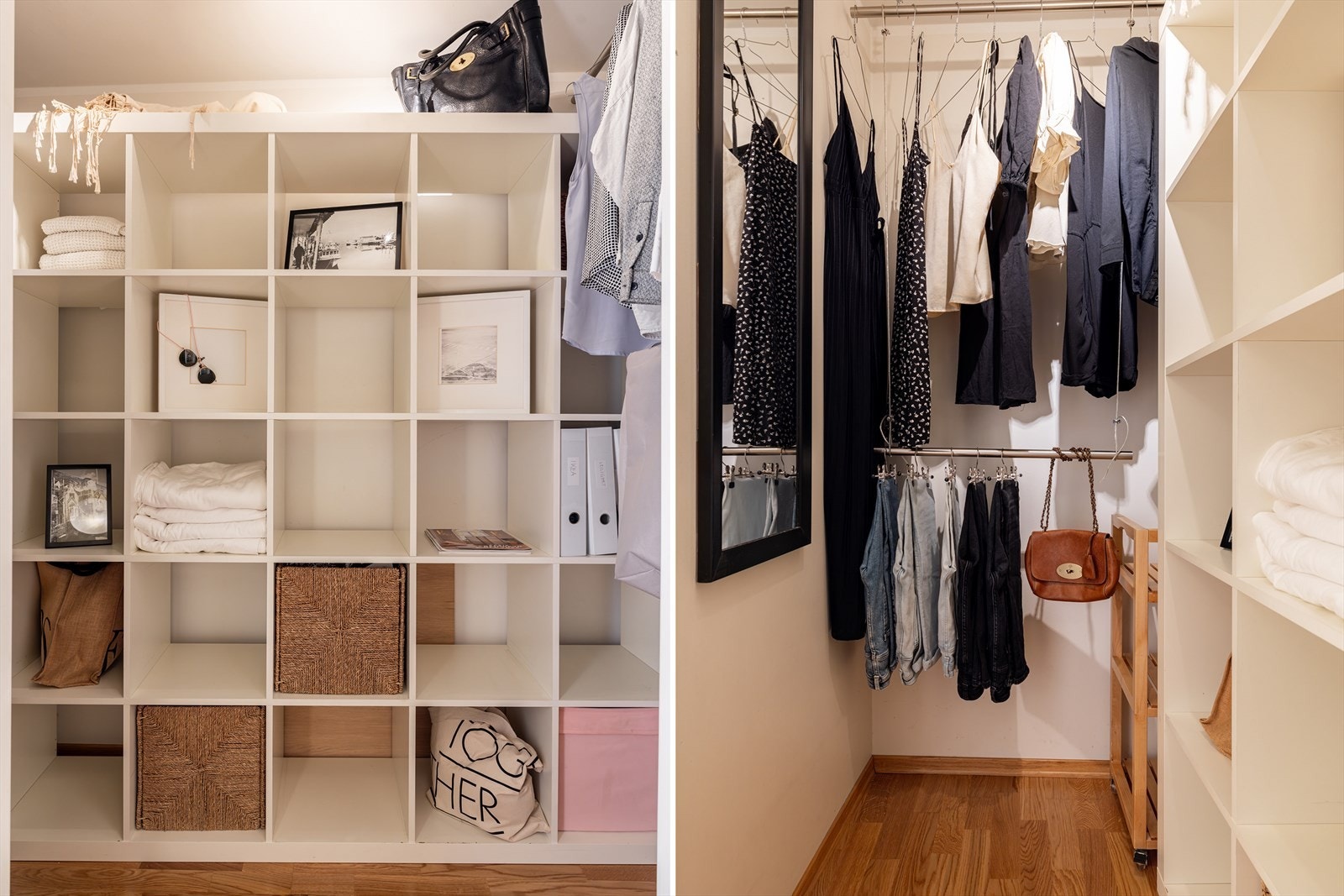 I tilknytning til baderom og soverom II finner du en innvendig bod som nå brukes som omkledningsrom/Walk-in closet. Her er det montert garderobestenger og hyller for praktisk oppbevaring av klær og tilbehør. Et perfekt rom for deg som liker orden! Galleribilde