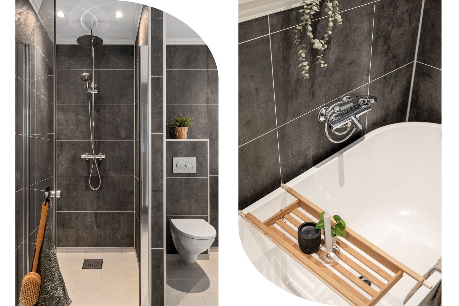 Bad med flott baderomsinnredning bestående av badekar, dusjhjørne i glass... Galleribilde