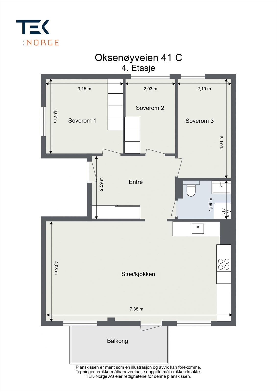 Plantegning, 4- roms leilighet. Galleribilde