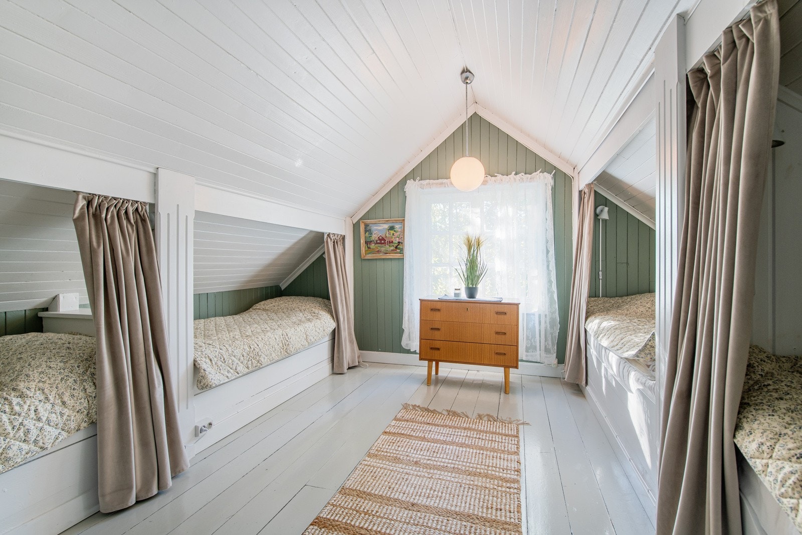 Loftsetasjen består av to større soverom med sovealkover i stil med hytta. Hytta ble oppført på 1920-tallet, og loftsetasjen oppfyller ikke dagens krav til rømning. Galleribilde