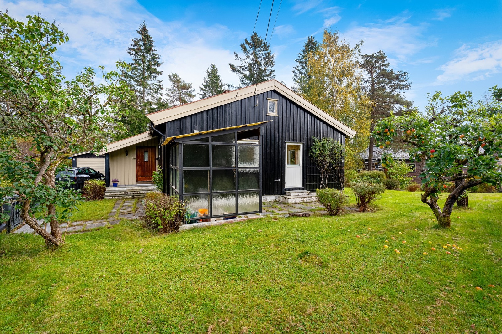 Sjarmerende hage med epletrær og vakker beplantning Galleribilde