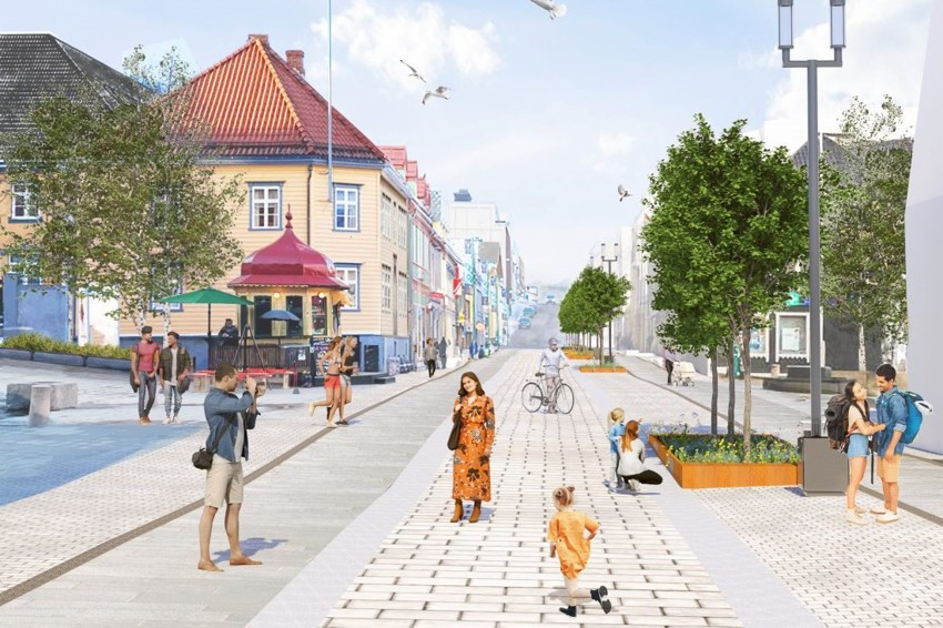 Storgata er for tiden under oppussing og vil framstå svært innbydende ved ferdigstillelse mot slutten av 2024. Bilde gjengitt med tillatelse fra Tromsø kommune/Verte landskap-arkitektur AS.