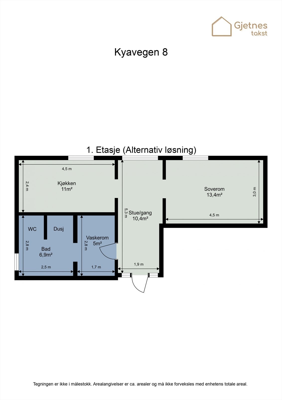 Alternativ planløsning uten sovealkove på stua. "Halvvegg" på stue er limt i gulv og kan enkelt fjernes. Galleribilde