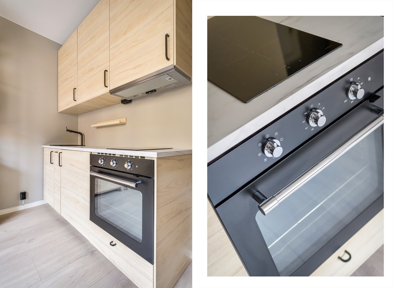 Kjøkkenet består av av kum med ettgreps blandebatteri, kulfiltervifte over integrert koketopp, integrert ovn og integrert kjøleskap Galleribilde