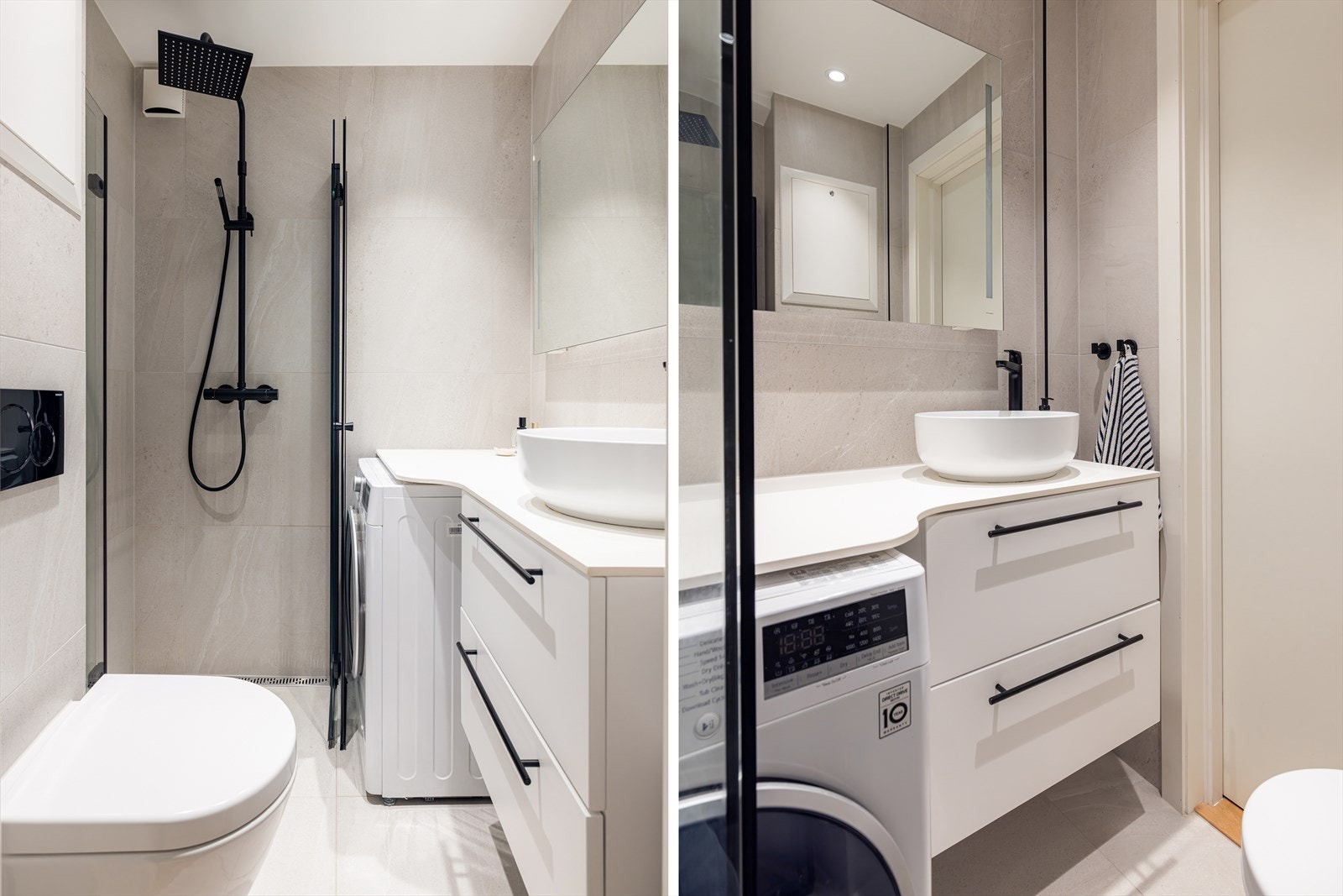 Leiligheten har et nydelig oppusset baderom med smakfullt og moderne materialvalg, Her er det lagt vekt på både lekre men smarte løsninger for komfort. Badet er renovert i 2021 med dokumentasjon. Galleribilde