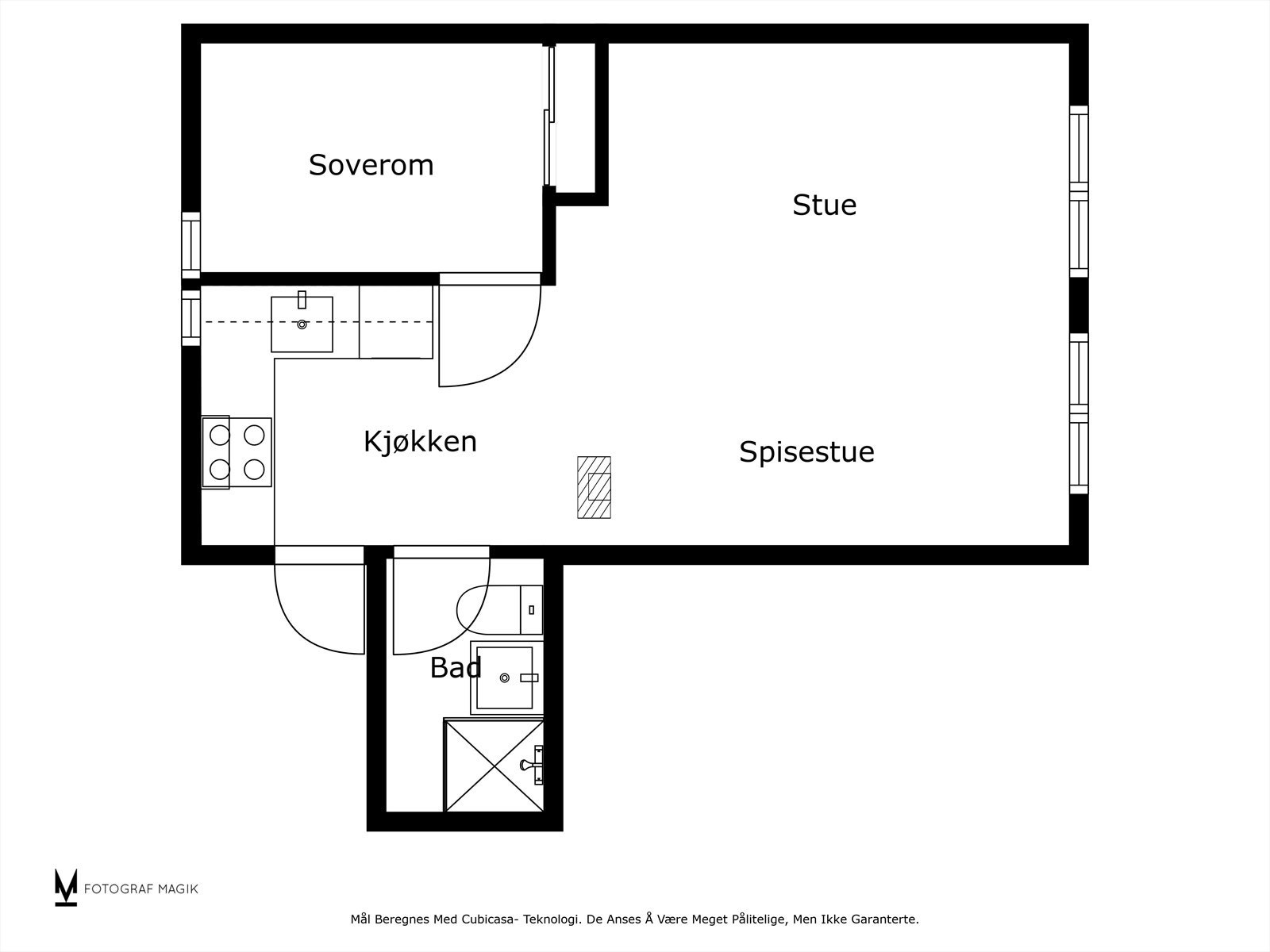 Plantegning - Takstmann opplyser om at vinduer er for smale for rømning og at soverommet har for lite lysflate inn på rommet. (dette rommet er ikke omsøkt og godkjent som soverom/rom for varig opphold) Galleribilde