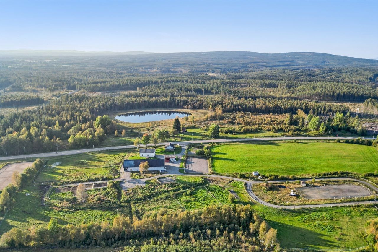 Oversiktsbilde fra sør, gårdstun, ridebaner og Ebrutjernet i bakgrunnen Galleribilde