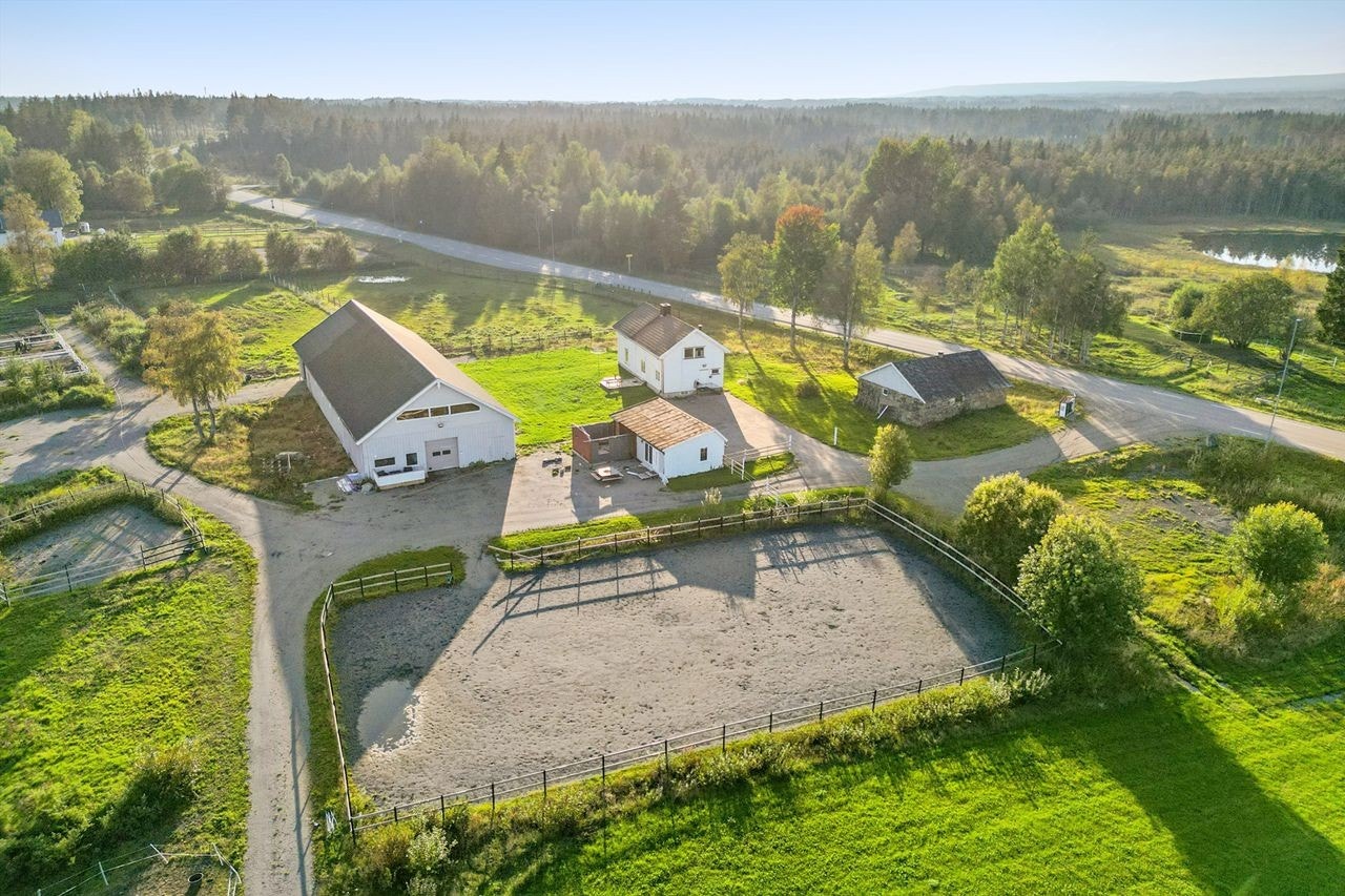 Oversiktsbilde fra øst med tunbebyggelse og ridebane Galleribilde