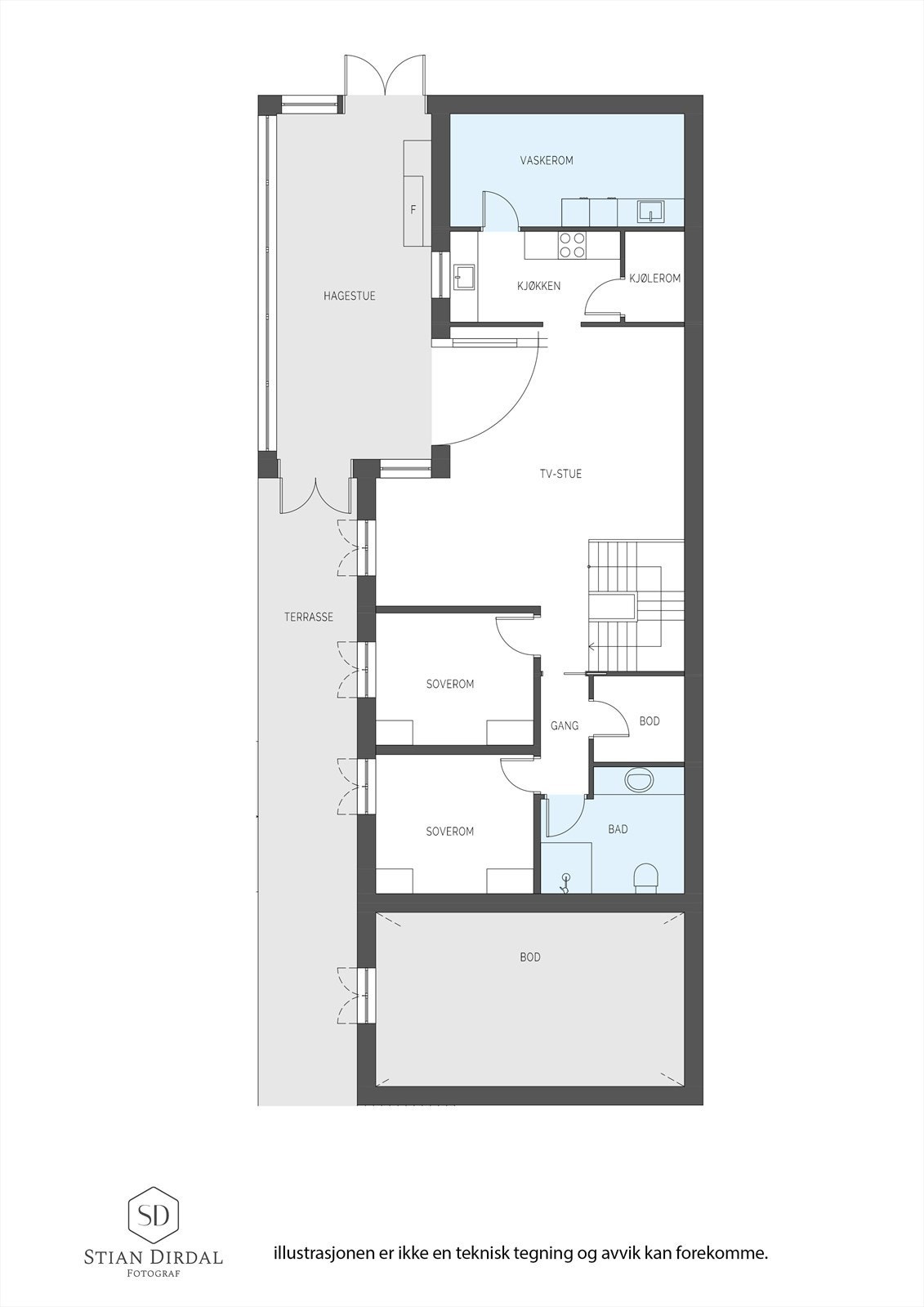 Underetasjen med både oppholdsrom for storfamilien, grovkjøkken med kjølerom, og egen soveromsfløy. Galleribilde