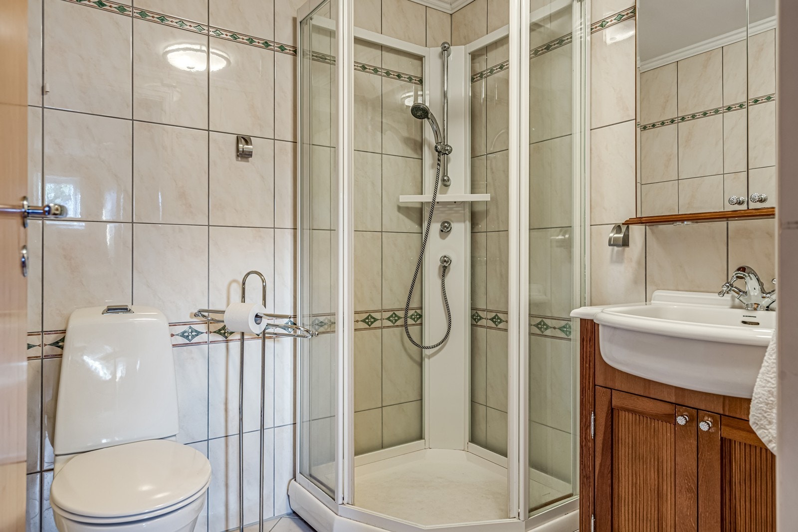 Badet med dusjkabinett, toalett og servant i seksjon. Galleribilde