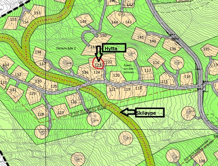 Kart over hytta og skiløype Galleribilde