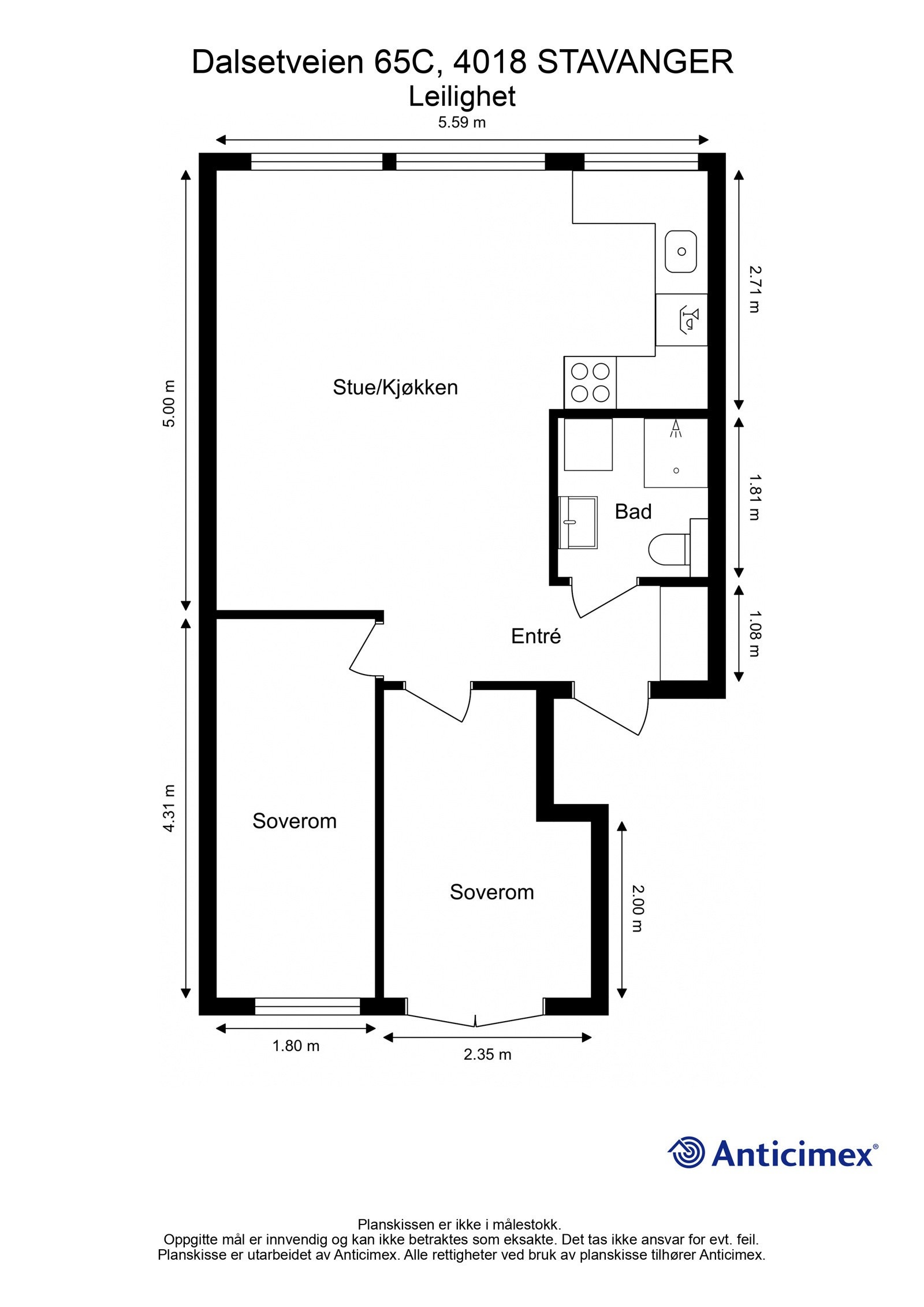 Boligens praktiske planløsning over ett plan, som gir god oversikt over romfordelingen. Galleribilde