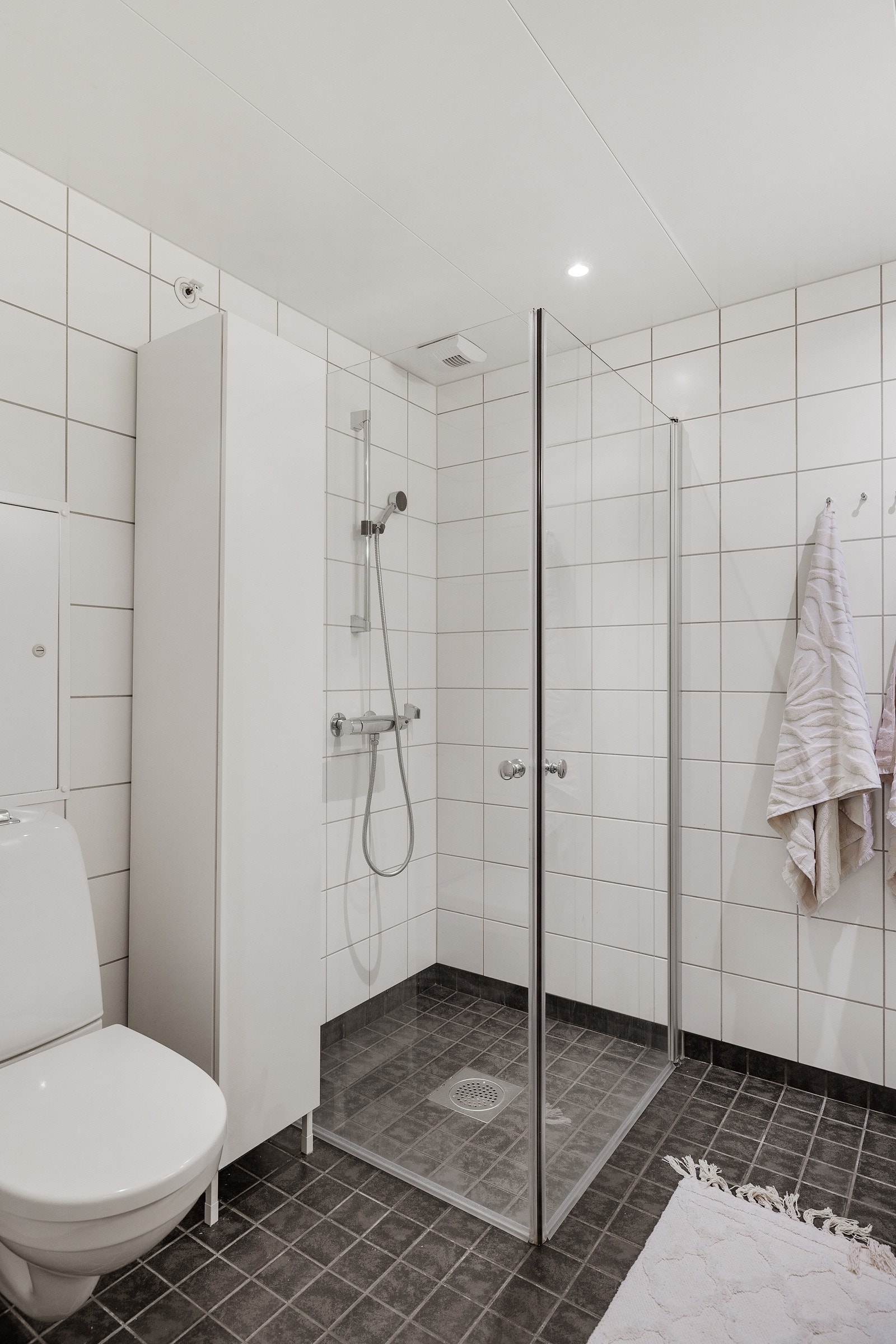 Badet har vegghengt toalett, moderne baderomsinnredning med speil og lys, praktisk høyskap og vegghengte dusjdører i glass Galleribilde