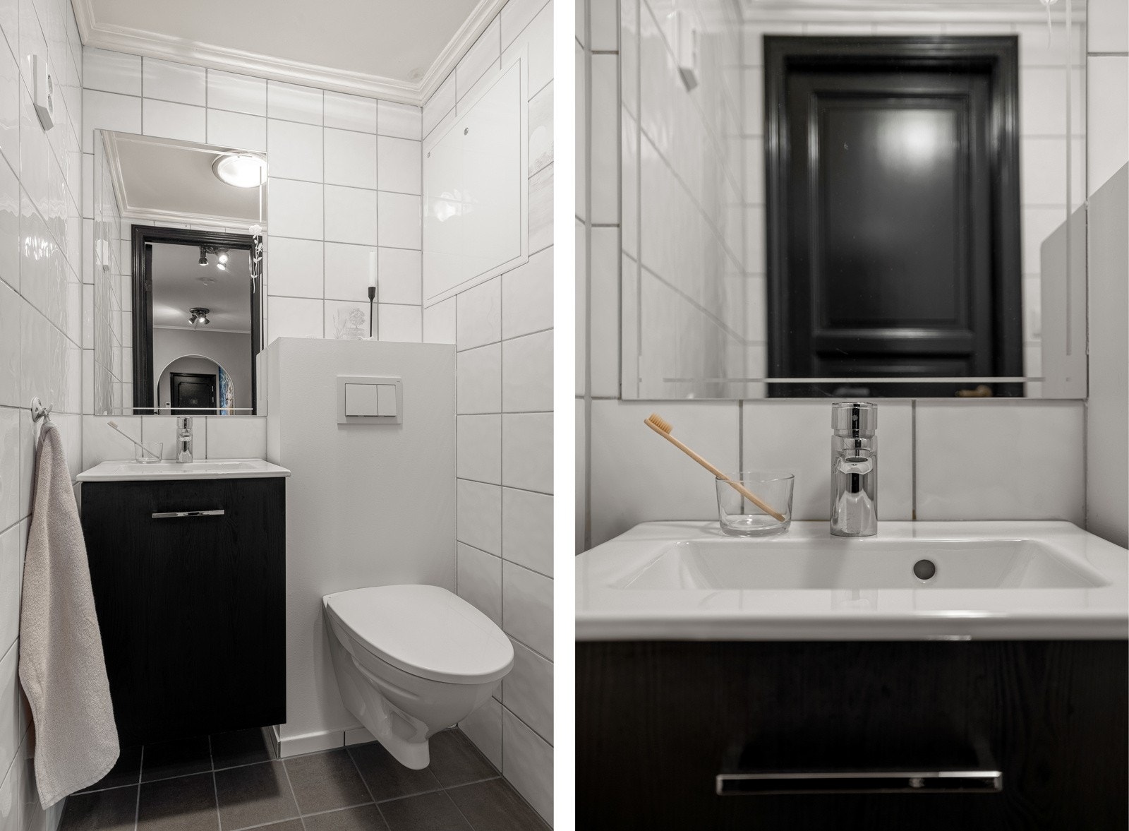 Leiligheten har separat toalettrom som er helfliset og måler 1,4 kvm. Rommet er innredet med vegghengt toalett og baderomsinnredning med speil. Galleribilde