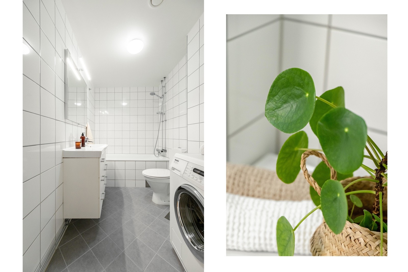 Fra entreen finner vi badet som ble pusset opp i regi av sameiet i 2011. Her får du badekar med dusj og servantskap. Det er opplegg for vaskemaskin og varme i gulvet. Galleribilde