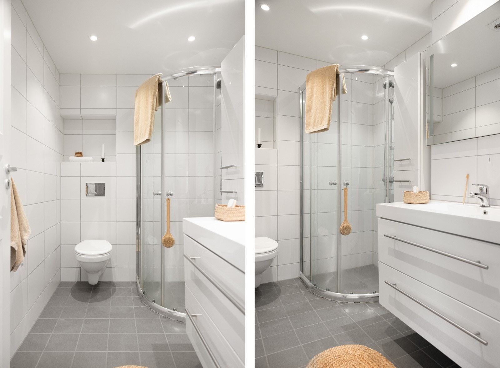 Badet er fullverdig innredet med dusjhjørne, vegghengt toalett og baderomsinnredning. Galleribilde