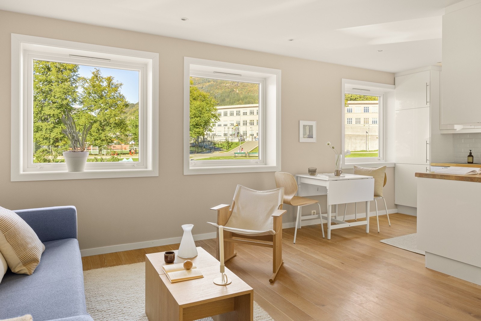 Her er det lyse og tidsriktige farger og store vinduer som gir rikelig med naturlig dagslys. Galleribilde