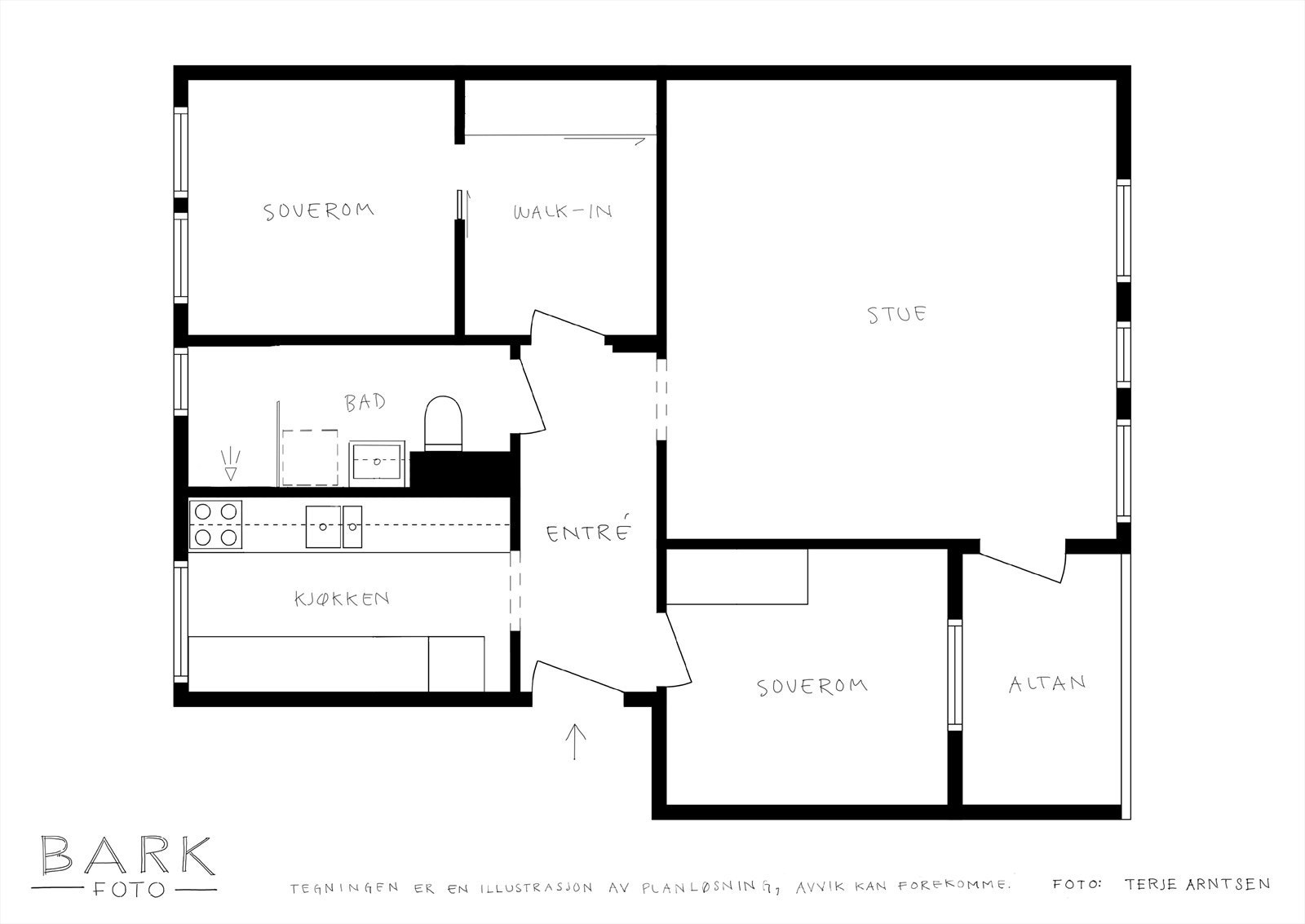 Leiligheten ligger i 2.etasje og inneholder: Gang (5,6m²), mellomgang (5,8m²), bad/vaskerom (4,6m²), soverom (8m²), soverom (8,9m²), stue (24,7m²) og kjøkken(7,4m²) Galleribilde