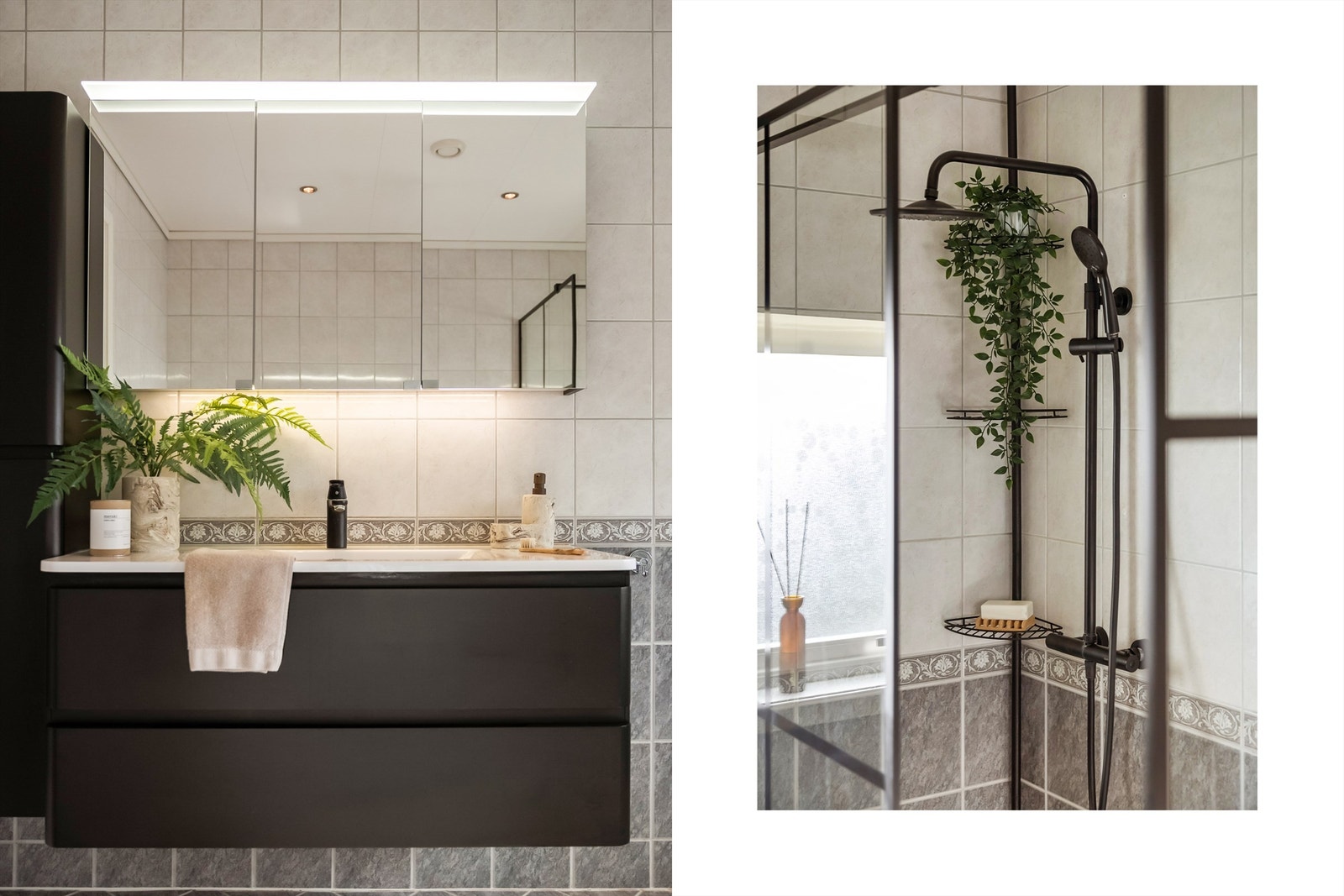 Baderommet har fliser på gulv og vegger, gulvvarme. Downlights. Takplater i himling. Vegghengt servantinnredning med skuffer. Ovenpåliggende servant med ett-greps armatur. Speilskap med overlys og stikkontakt over servant. Dusjnisje med glassvegg. Galleribilde