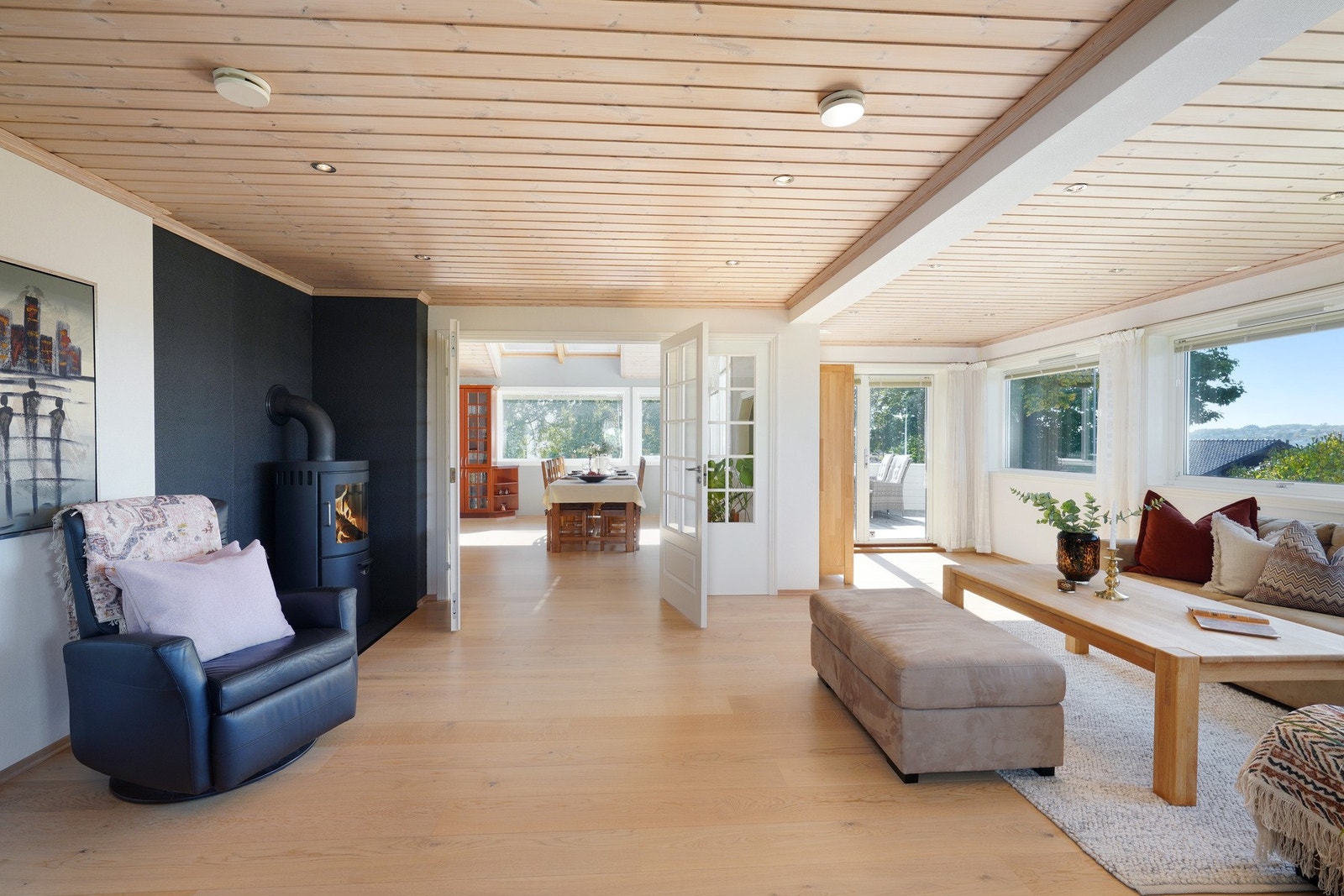 Stuen byr på plass for en hyggelig sittegruppe. og vedovn som varmer godt på vinteren. Galleribilde