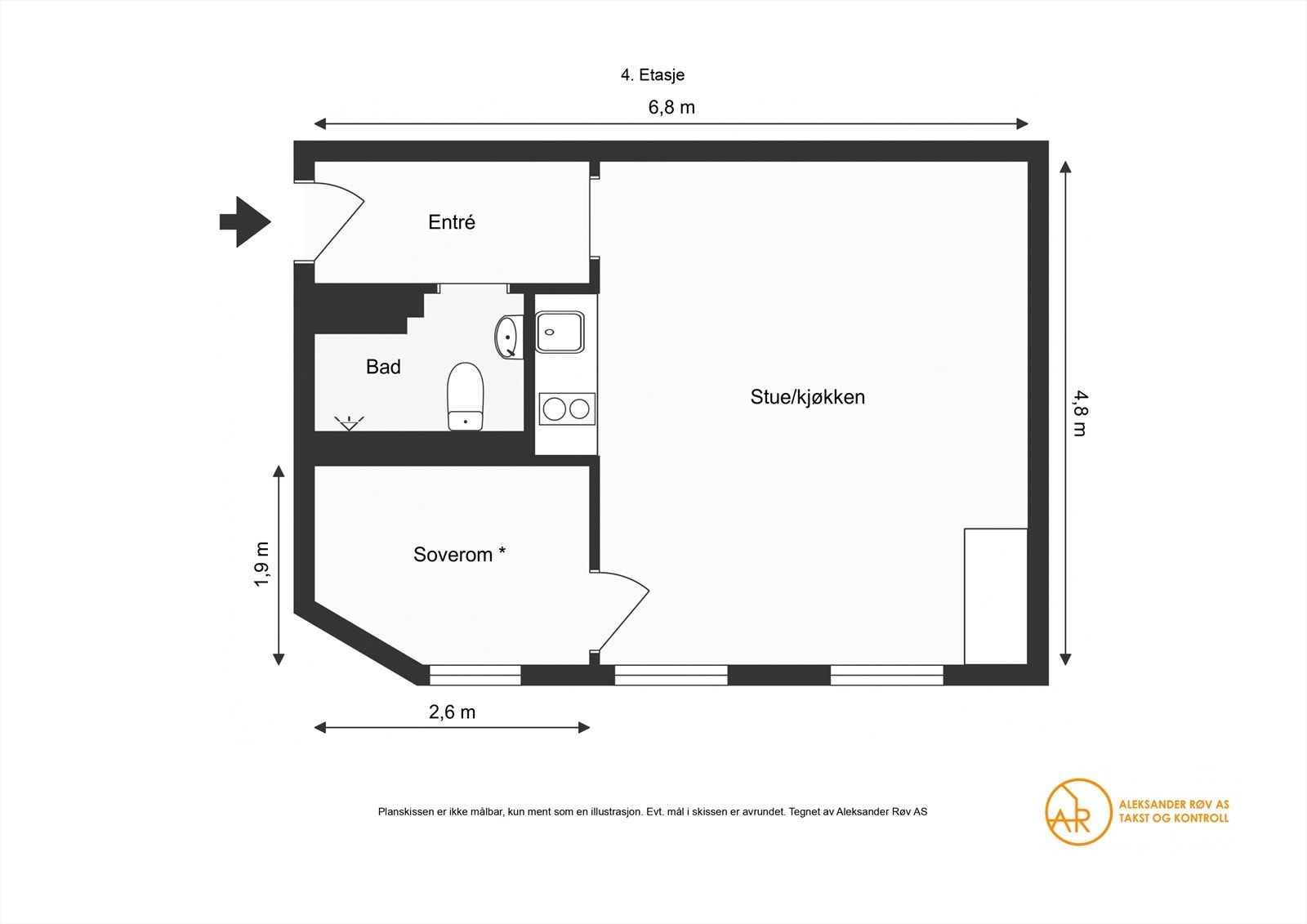 Planskisse: Entré, stue/kjøkken, soverom og bad. Galleribilde