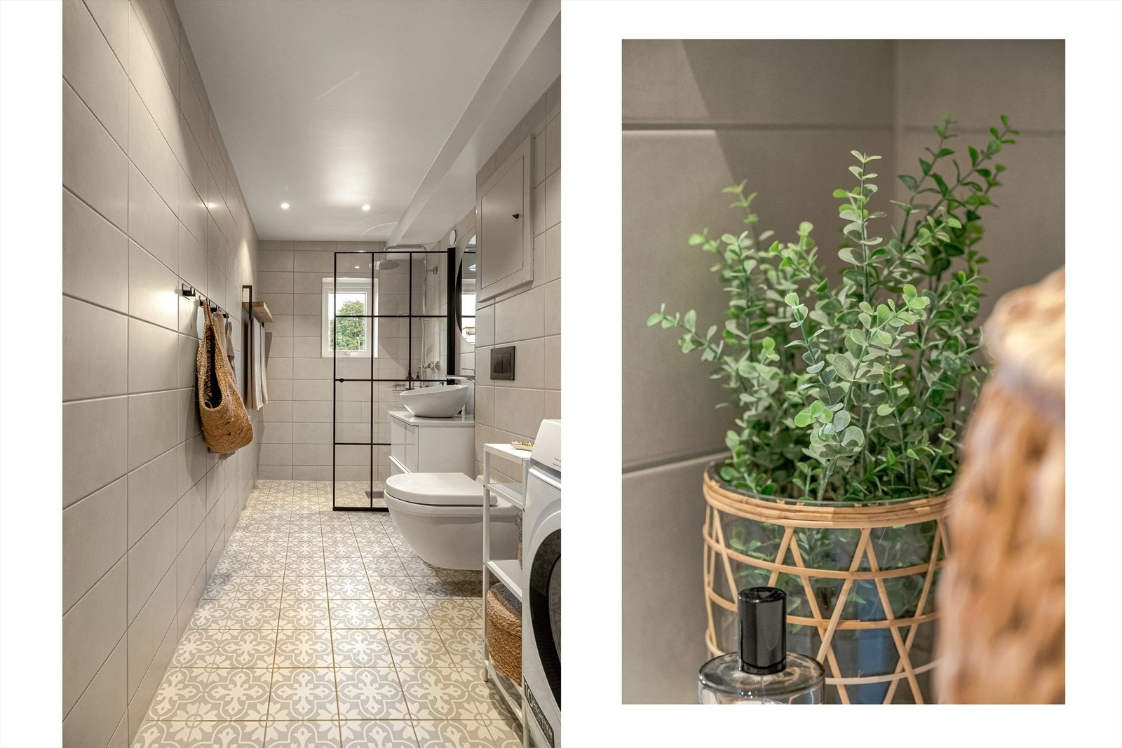 Badet er flislagt på gulv og vegger med eklusive valg i moderne og behagelige farger. Galleribilde
