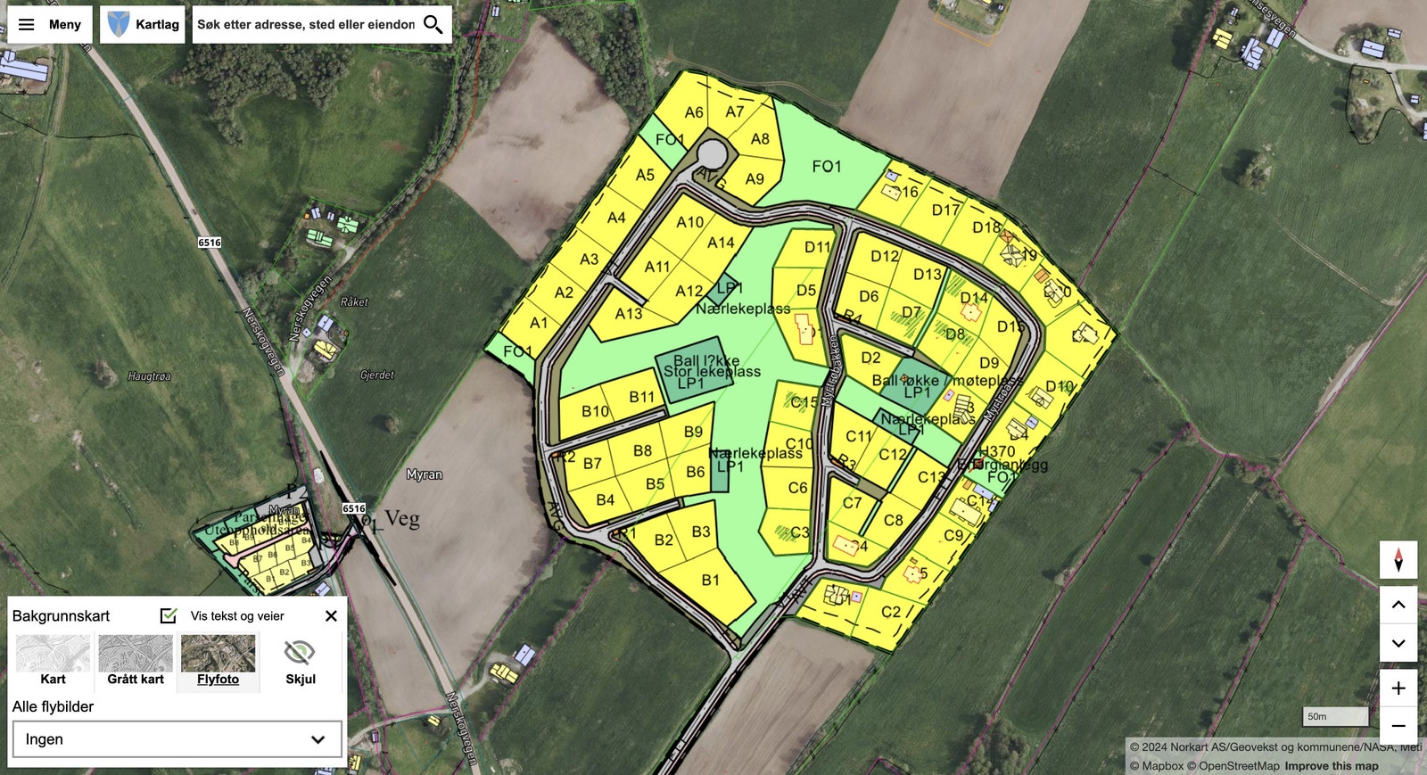 Tomtene merket C og D er innenfor første byggetrinn. Screenshot: Kommunekart.com Galleribilde
