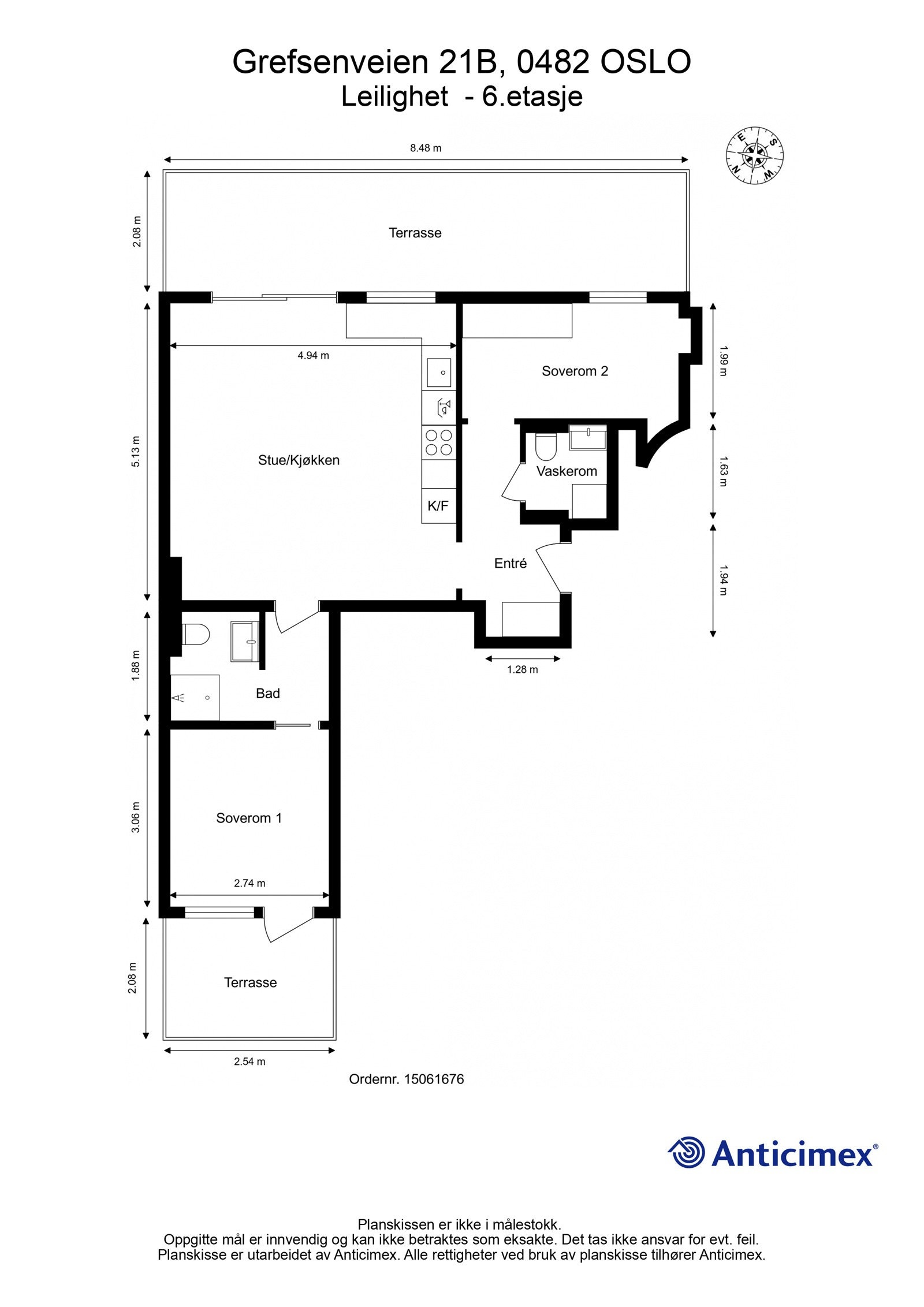 Plantegning. I tillegg disponerer leiligheten tre kjellerboder på til sammen ca. 6m². Heis i bygget. Galleribilde