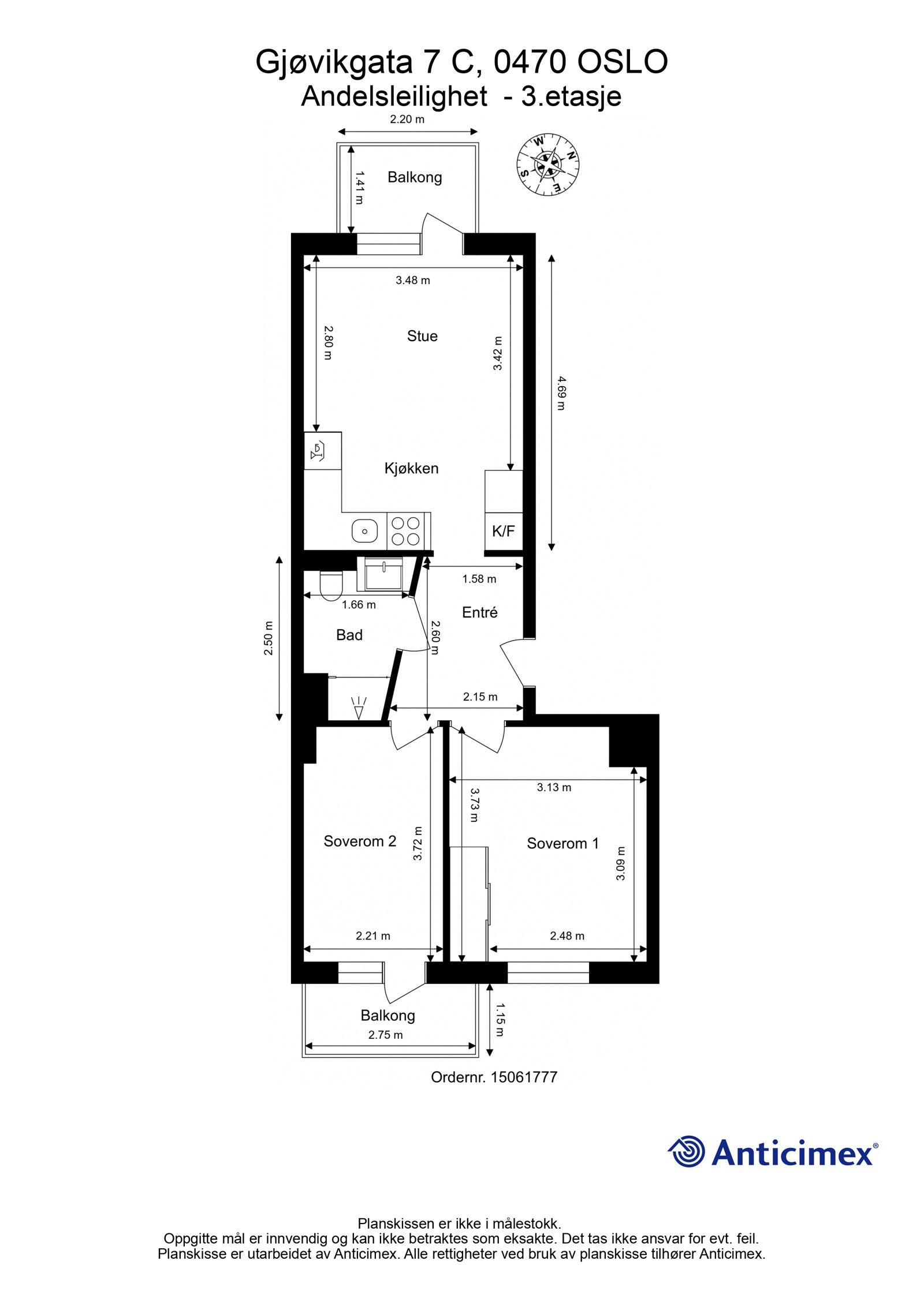 Plantegning. I tillegg disponerer leiligheten en kjellerbod på ca. 3m², samt en loftsbod med gulvareal på ca. 10m². Galleribilde