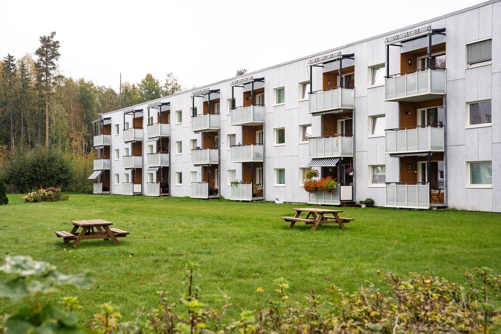 Fra uteplassen er det direkte adkomst til felles hageareal med store planarealer, trær, busker og felles sittegrupper. Galleribilde