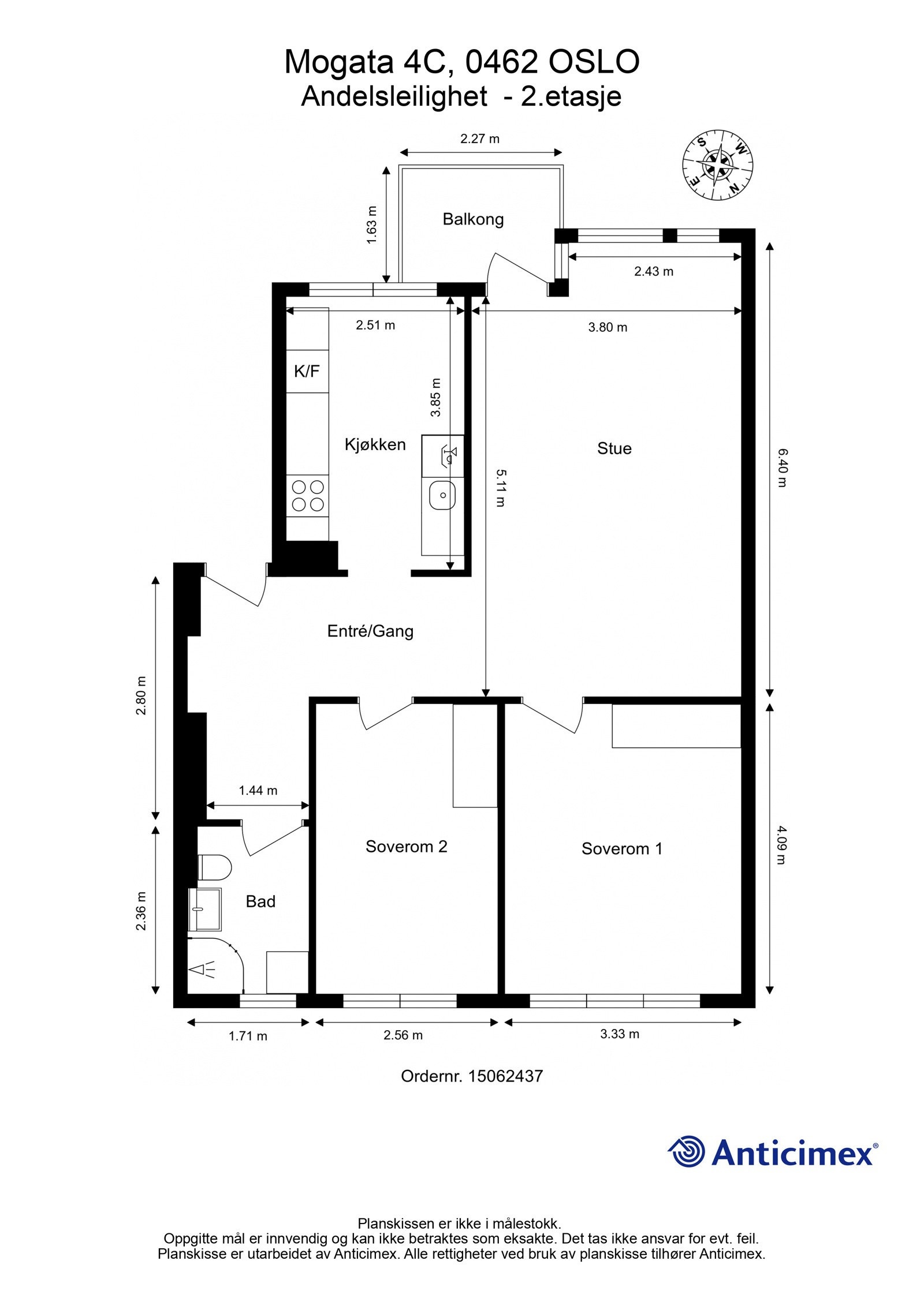 Plantegning. I tillegg disponerer leiligheten en kjellerbod på ca. 7m², samt en loftsbod med gulvareal på ca. 8m². Galleribilde