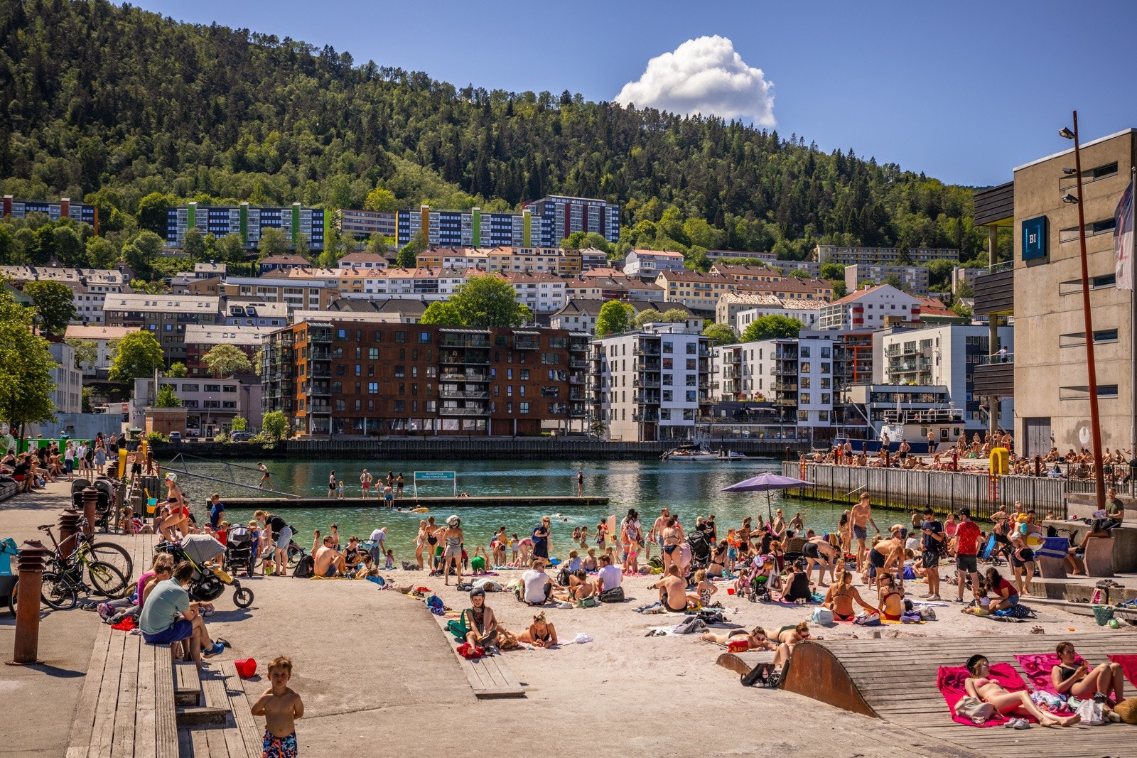 På varme sommerdager er det fint å spasere bort på Bystranden - Her ligger også BI Galleribilde