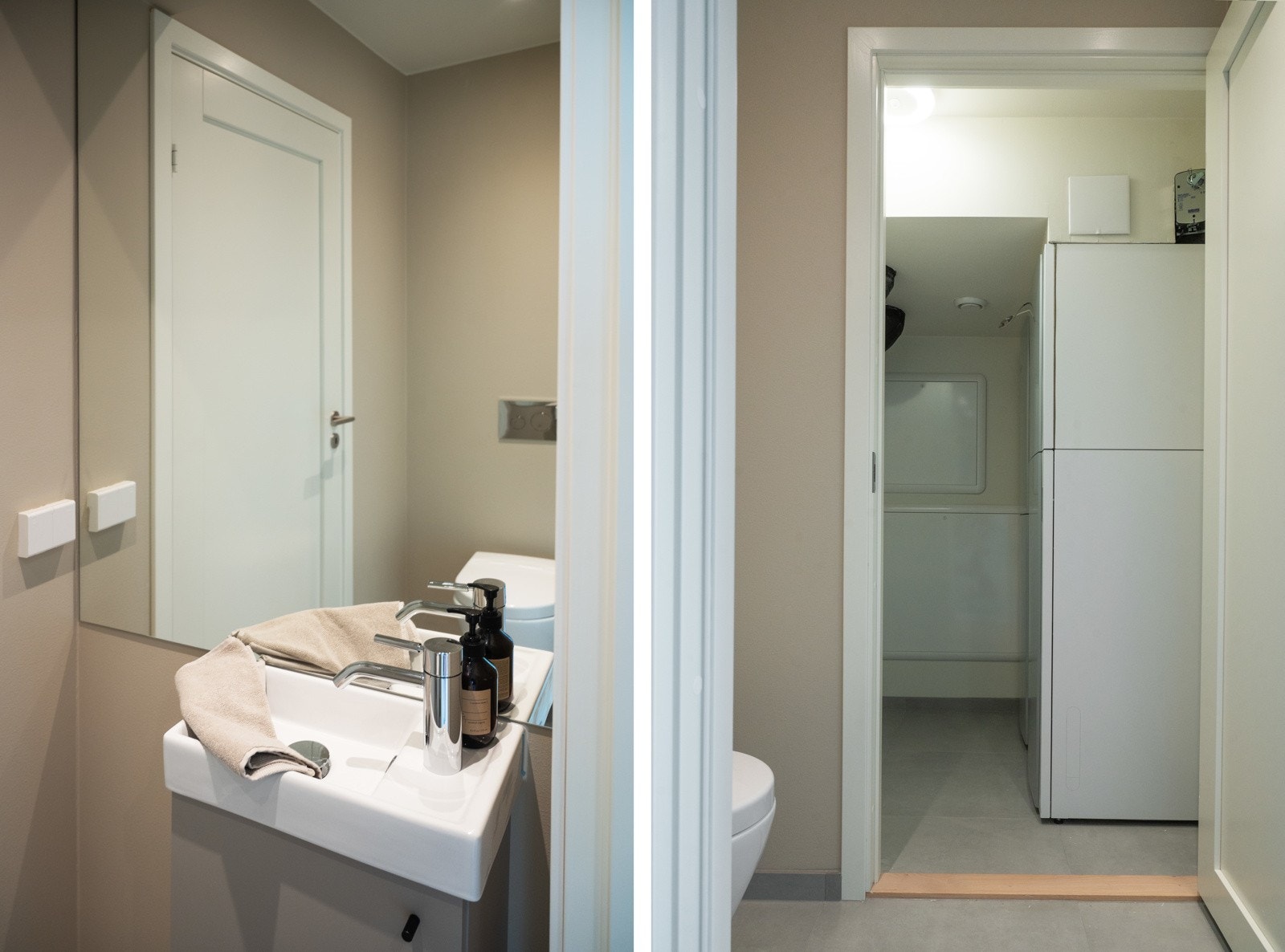 Det separate wc-rommet tilbyr en funksjonell løsning med en enkel servant fra Villeroy & Boch, samt et matchende speil fra Glassmester. Innenfor ligger teknisk rom. Galleribilde
