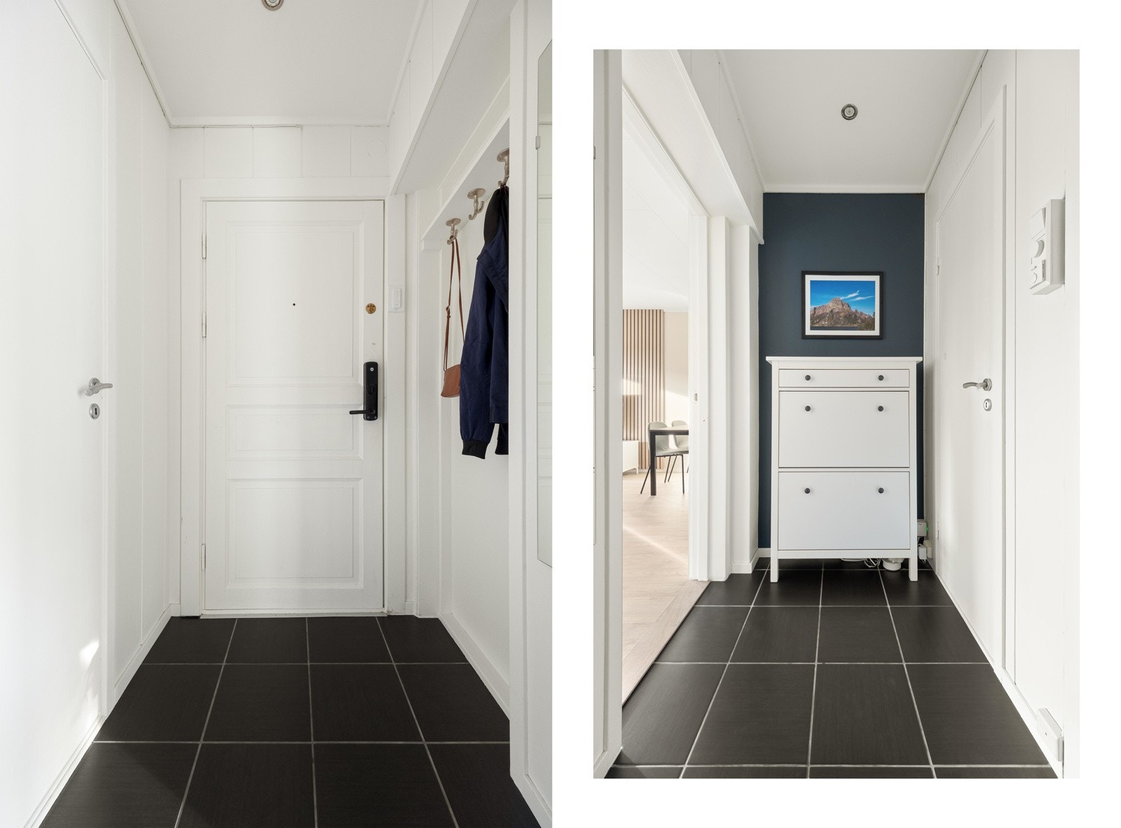 Gangen er akkurat så stor som den bør være, uten at den tar unødig areal fra resten av leiligheten. Kommode og plass til oppheng bidrar til et ryddig førsteinntrykk. Galleribilde