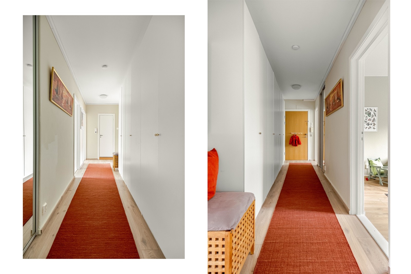 Leiligheten har en stor - altså virkelig stor - entré. Hvis du ikke har plass til yttertøyet og skoene dine i den store garderoben, følger det også med to romslige boder. Galleribilde