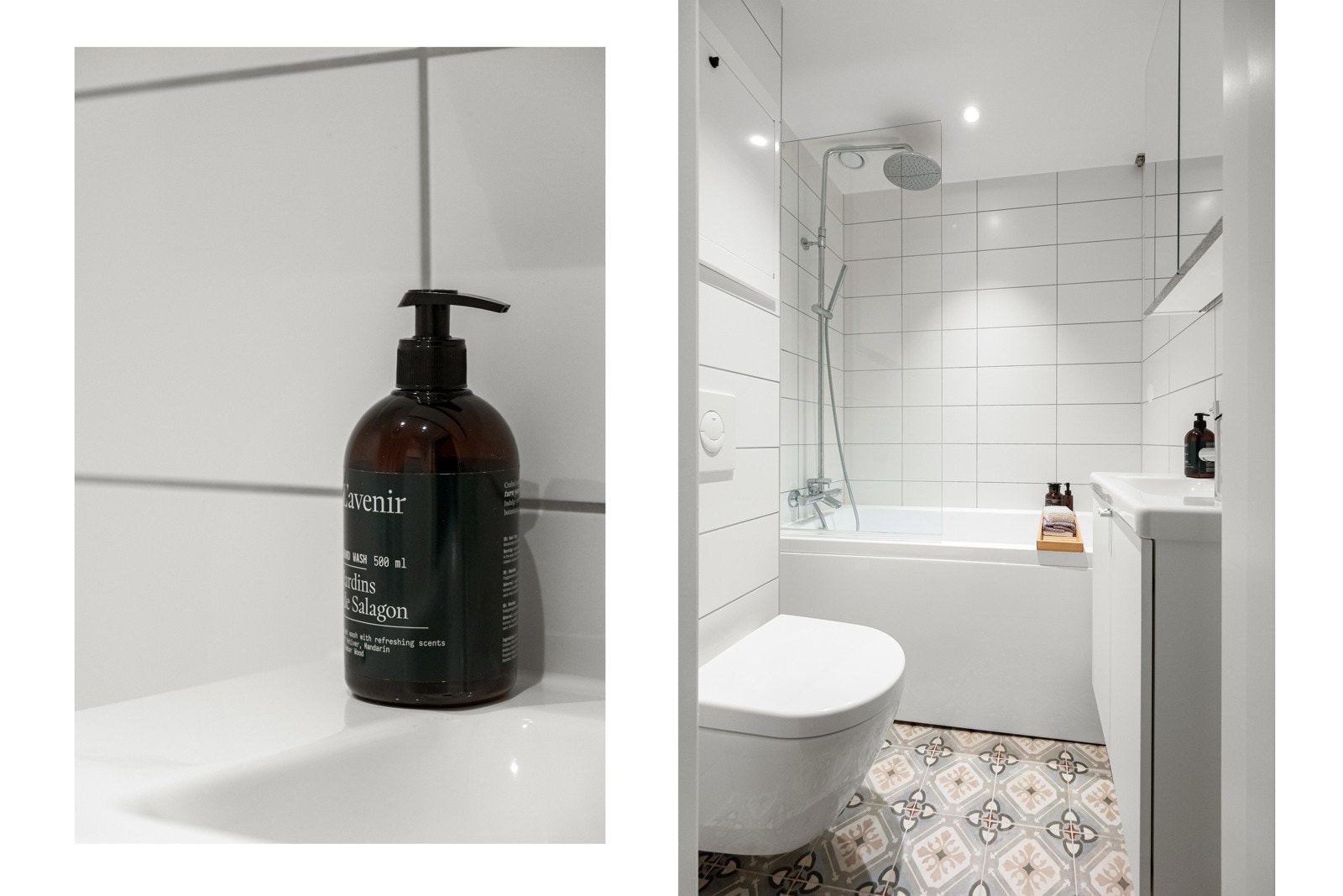 Ellers er badet innredet med vegghengt toalett, servantinnredning og speilskap. Det er selvsagt gulvvarme og downlights i himling. Galleribilde