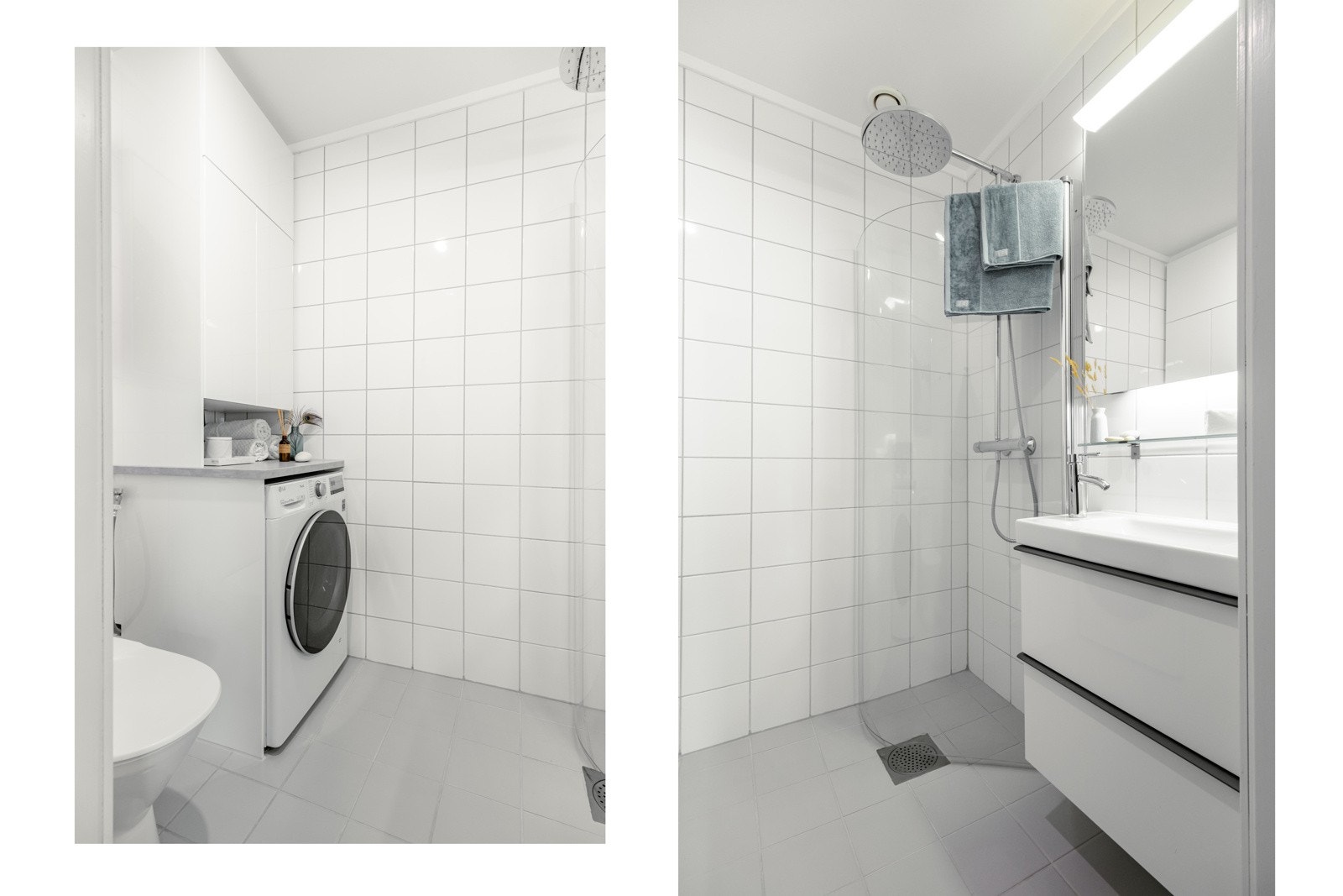 Badet er innredet med dusjhjørne, servant med underskap, speil over vask og toalett. Det er også opplegg for vaskemaskin her. Galleribilde