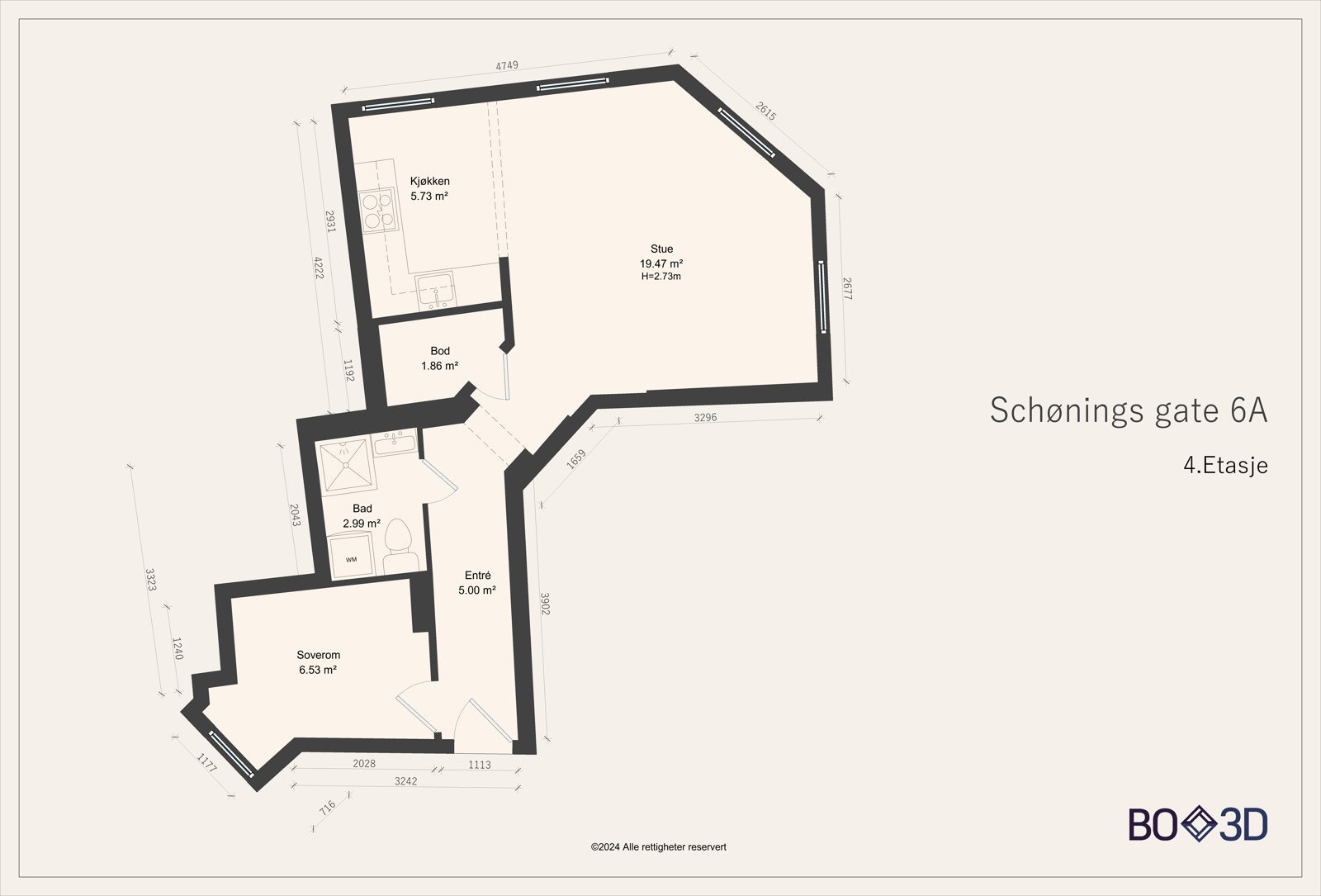 Før vi blar videre ser vi nærmere på boligens planskisse, slik at du får orientert deg litt. I tillegg til innvendige arealer disponerer boligen en kjellerbod med gulvareal på ca. 5 m2. Galleribilde