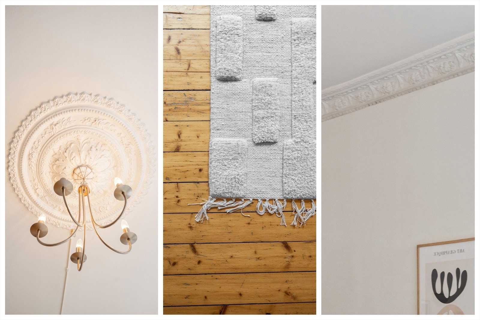 Klassiske detaljer som stukkatur, rosett og originale tregulv Galleribilde