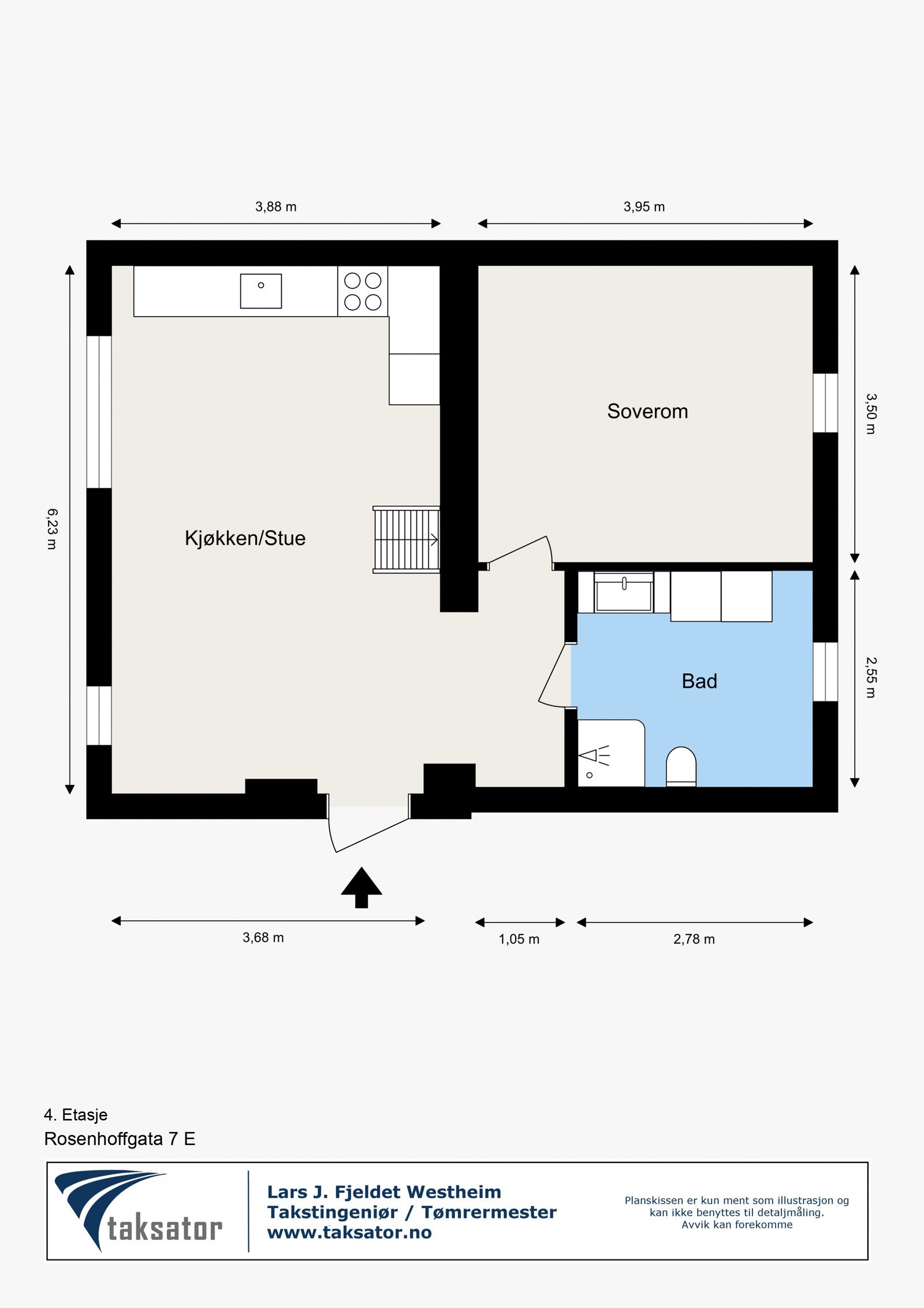 Plantegning. I tillegg disponerer leiligheten en kjellerbod på ca. 4,6m². Det er også en hems med gulvareal på ca. 8m² (ikke måleverdig areal grunnet lav takhøyde). Galleribilde