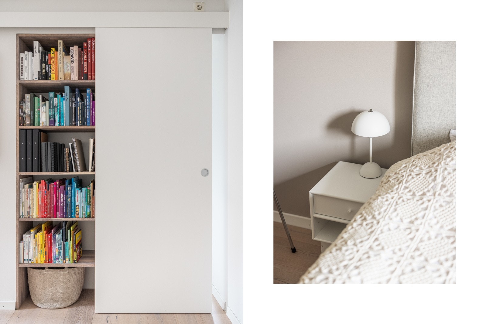 Det har blitt satt inn praktiske skyvedører inn til begge soverom i 2024. Plassbygd bokhylle Galleribilde