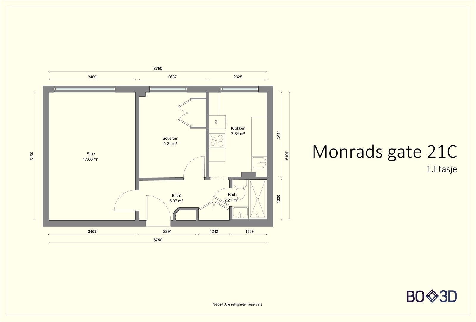 Effektiv planløsning med ett soverom og separat kjøkken. Galleribilde