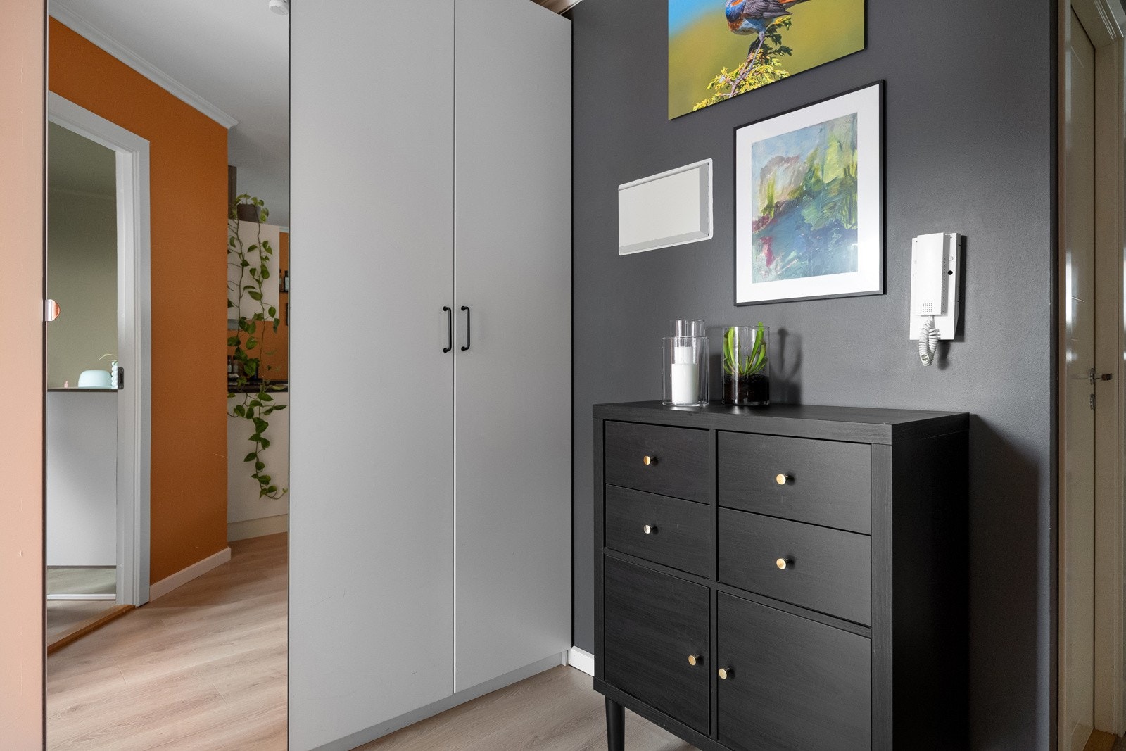 Her er det god plass til oppbevaring av yttertøy i store garderobeskap. Mellom garderobeskapene er det et praktisk speil. Galleribilde