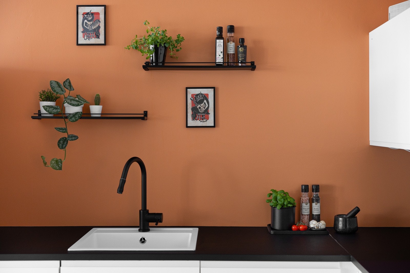 Nedsenket oppvaskkum med ett-greps armatur. Det er benkeskapsbelysning og stikkontakter under overskap. Galleribilde